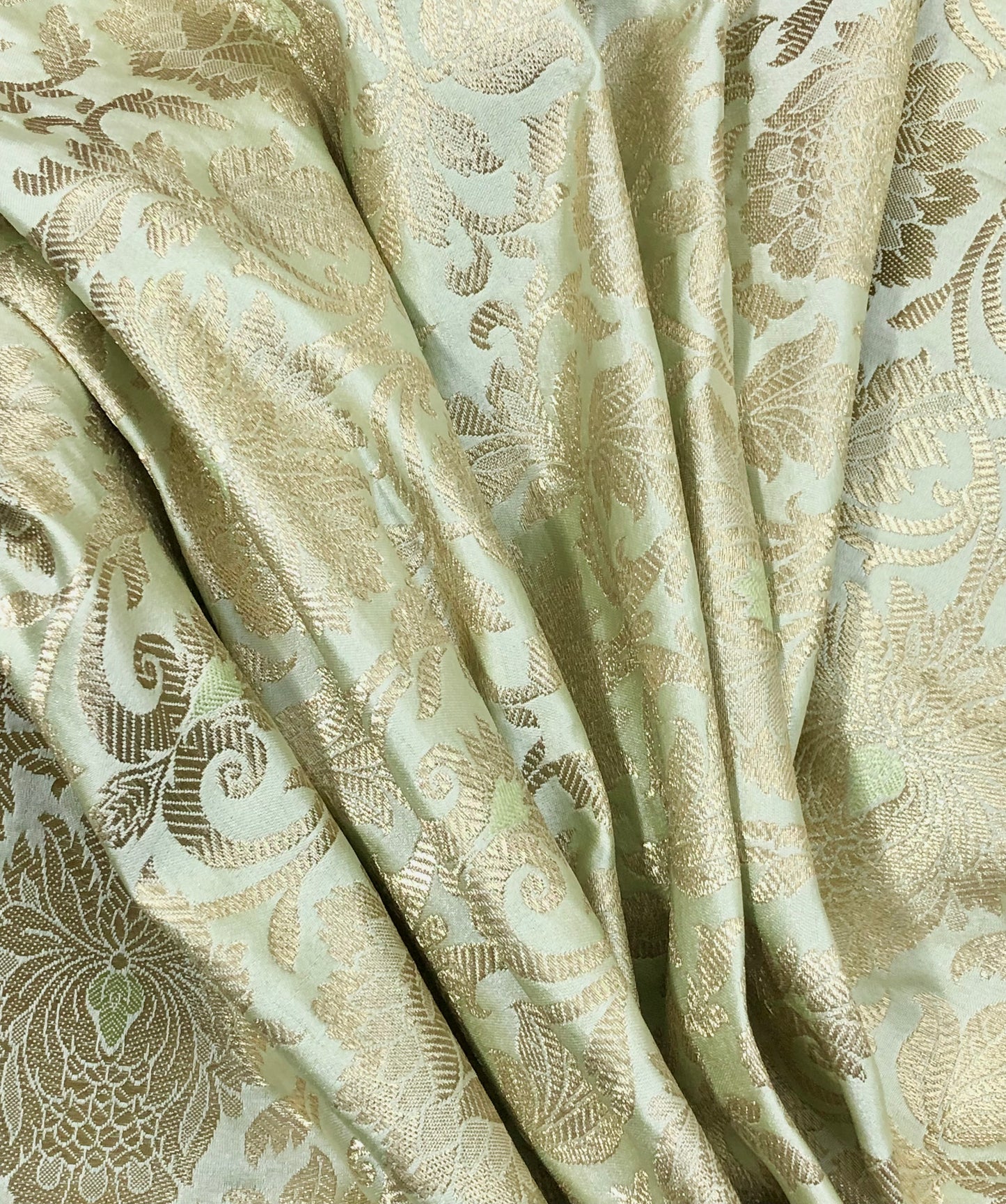 Indian Banarasi Brocade fabric in Sage Green and Gold color,  Multiple lengths will come in the continuous piece - NF2002