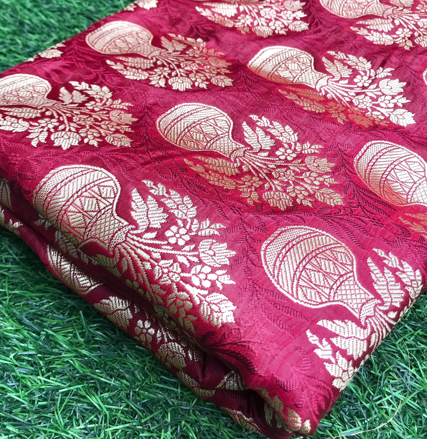 Indian Banarasi Brocade fabric in Red and Gold color, Multiple lengths will come in the continuous piece - NF437