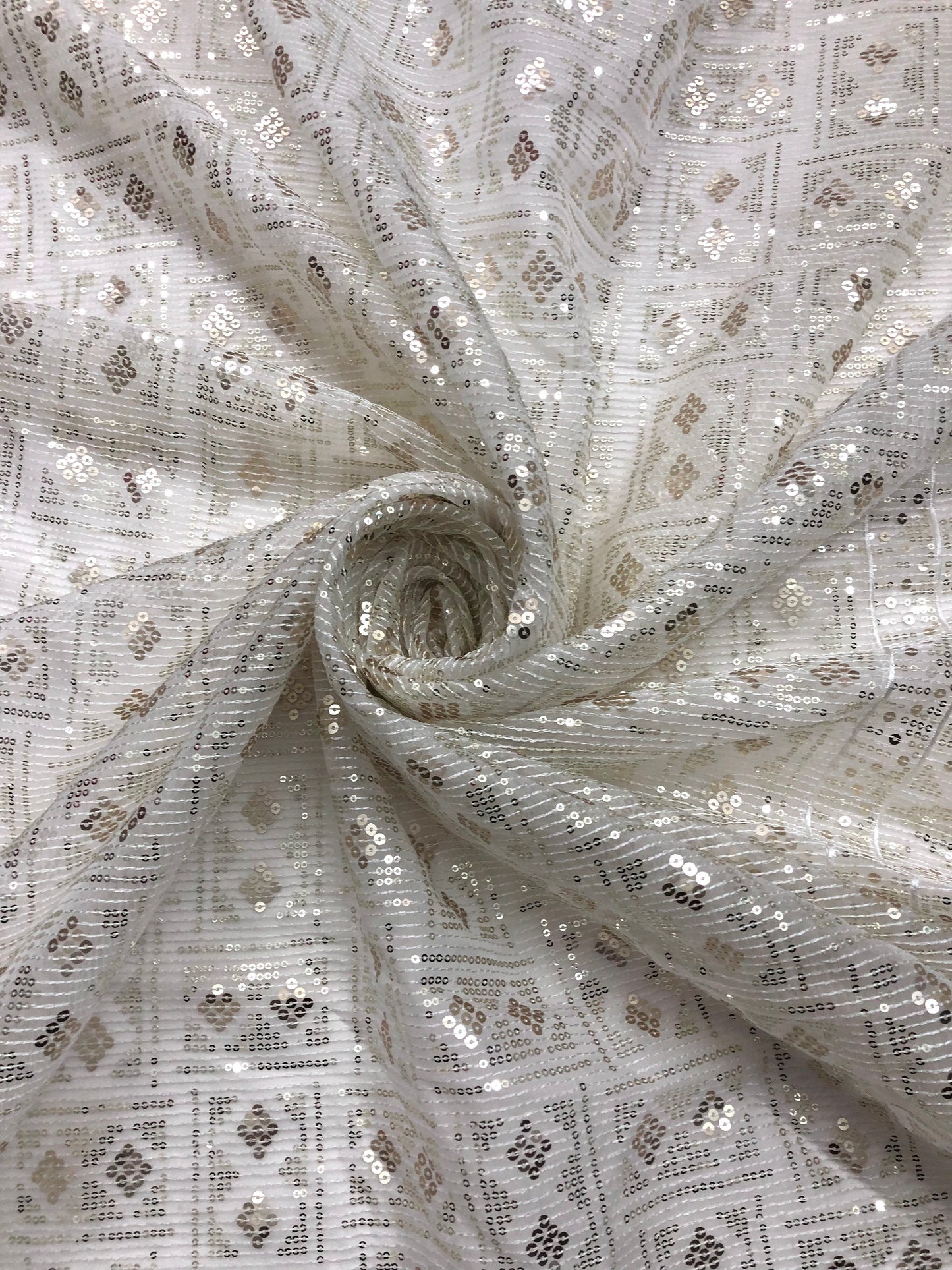 Indian Embroidered Sequins Organza Fabric in Off White color, Multiple lengths will come in the continuous piece - NF934