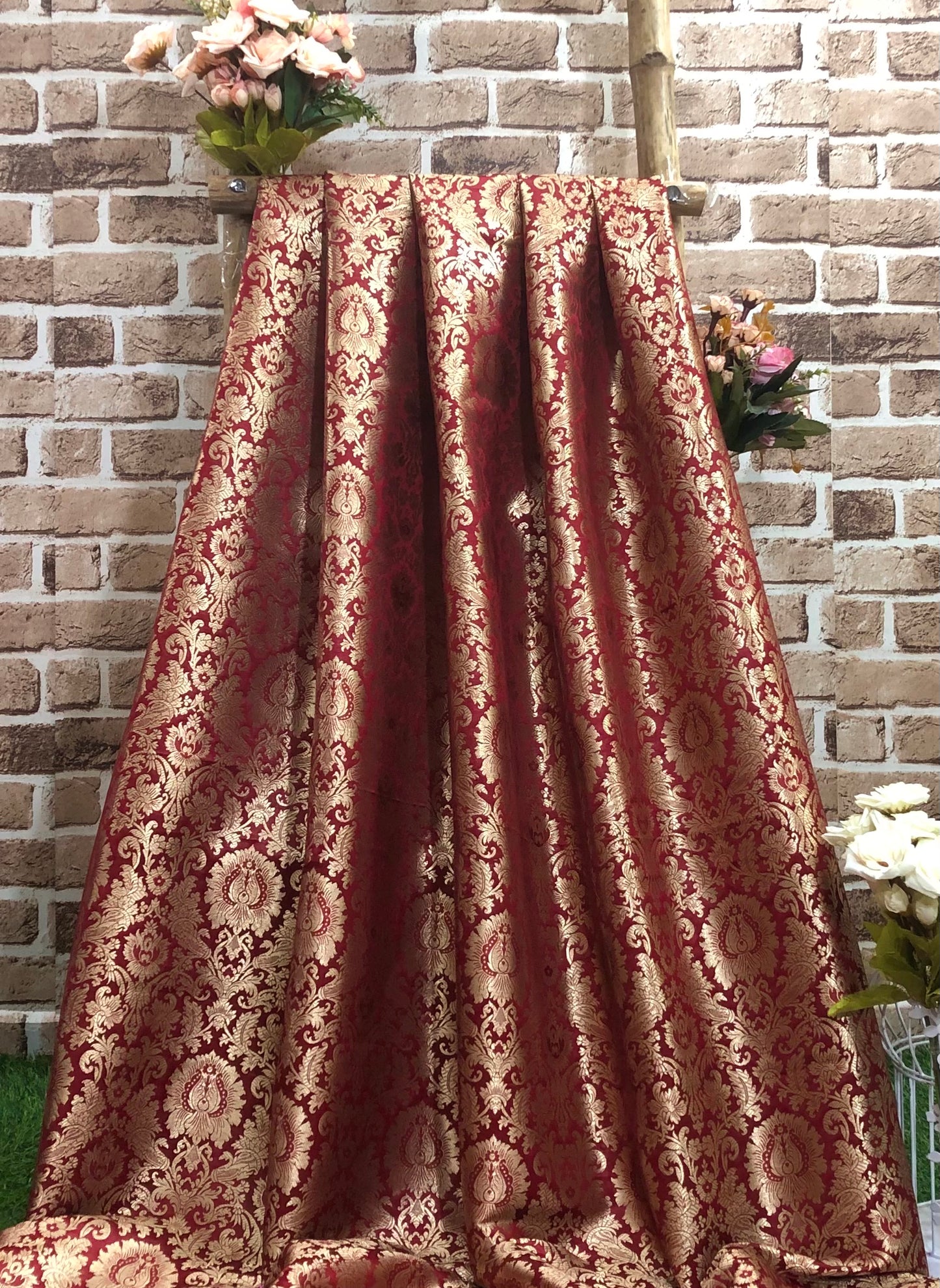 Indian Banarasi Brocade Fabric in dark Red and Gold color, Multiple lengths will come in a continuous piece - NF150