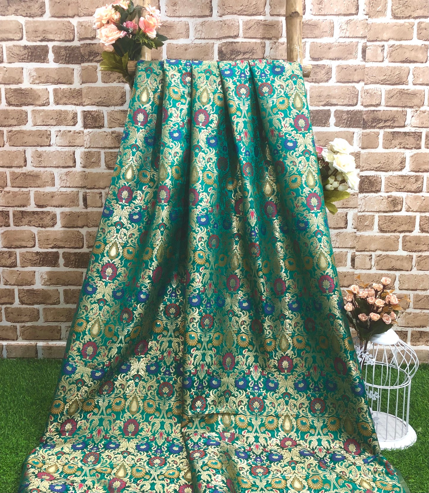 Indian Banarasi Brocade Fabric in Green and Gold color, Multiple lengths will come in the continuous Piece - NF599