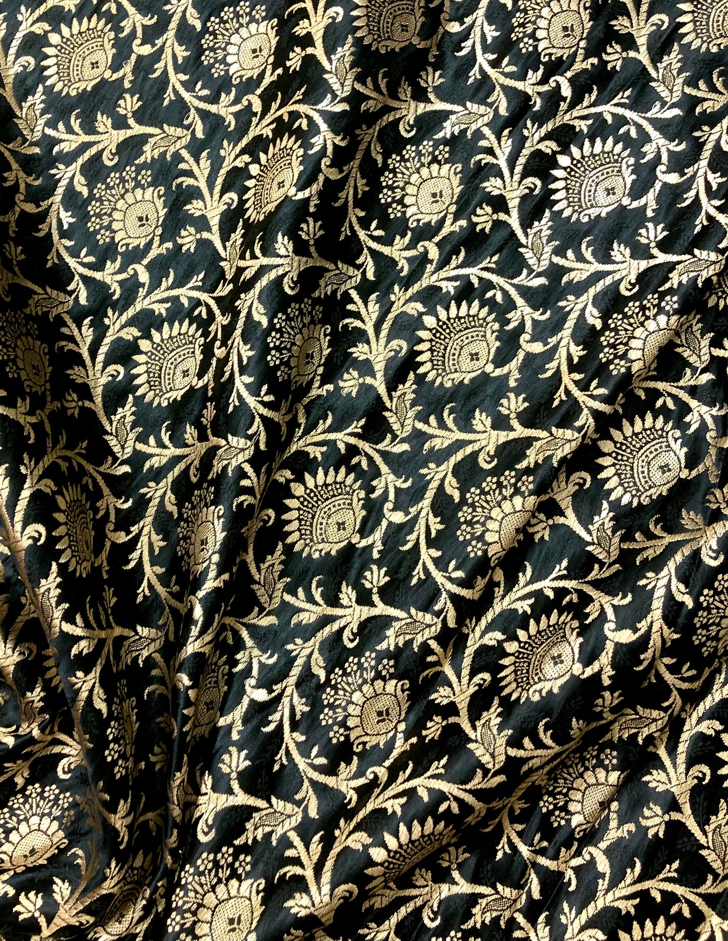 Indian Banarasi Brocade fabric in Black and Gold color, Multiple lengths will come in the continuous piece - NF631