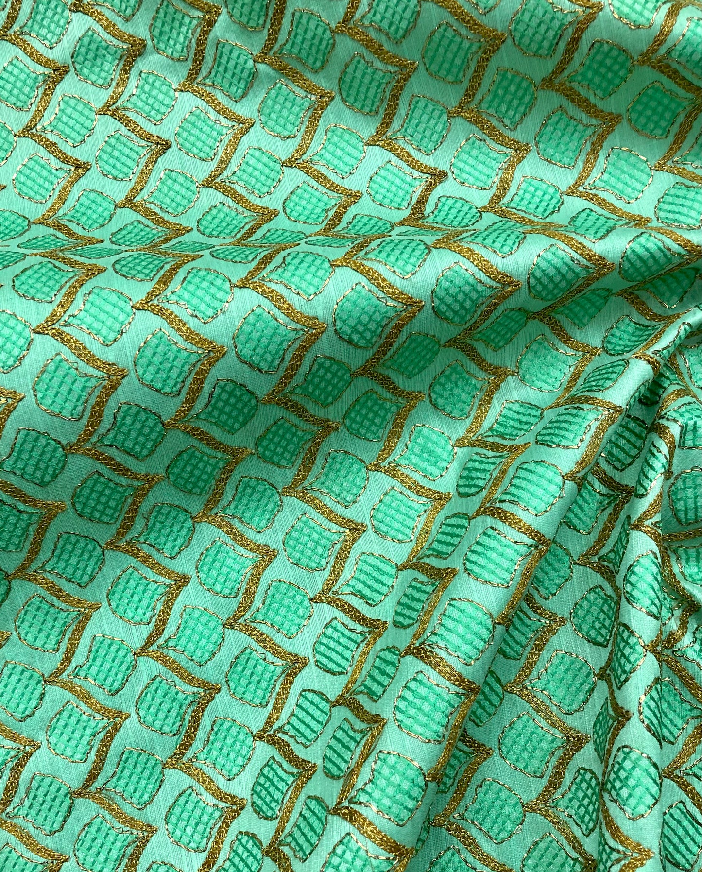 Indian Embroidered Fabric in Green color,  Multiple lengths will come in the continuous piece - NF836