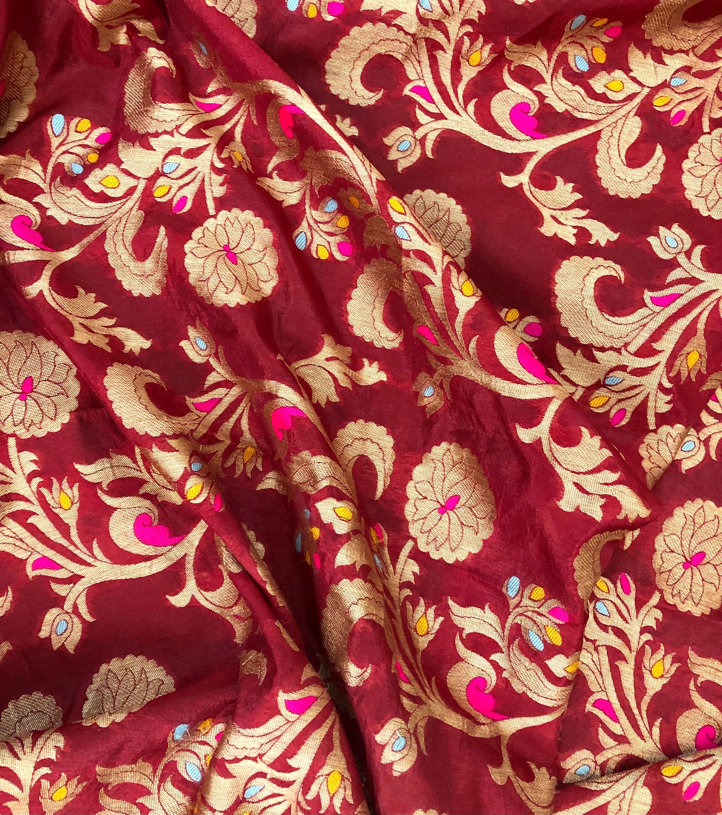 Banarasi brocade fabric, Maroon Gold Rayon silk brocade fabric, Home décor fabric, Floral brocade, Metallic brocade, Jacquard fabric - NFAF411