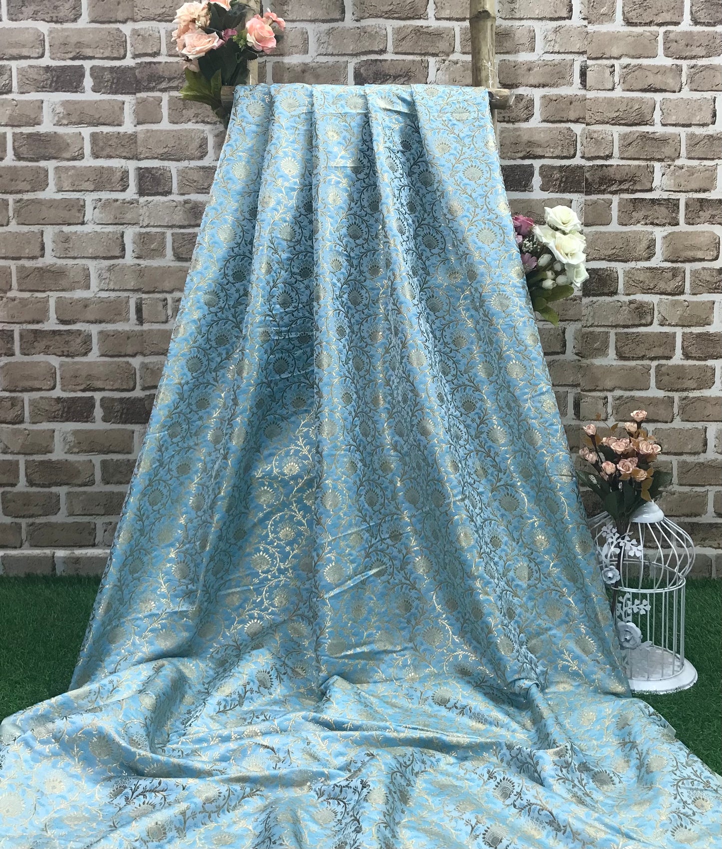 Indian Banarasi Brocade Fabric in Aqua Blue and Gold color, Multiple lengths will come in the continuous Piece - NF2009