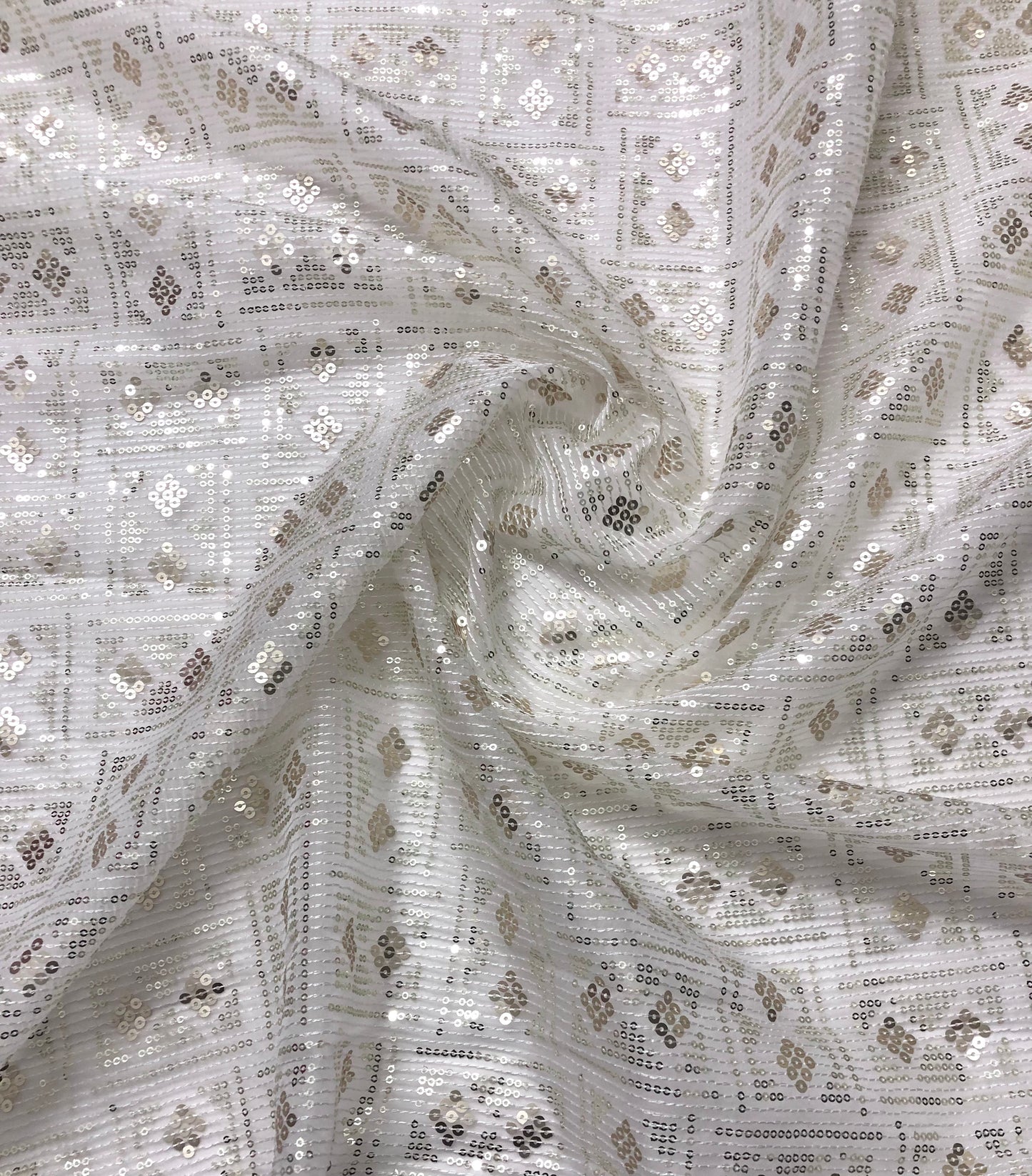 Indian Embroidered Sequins Organza Fabric in Off White color, Multiple lengths will come in the continuous piece - NF934