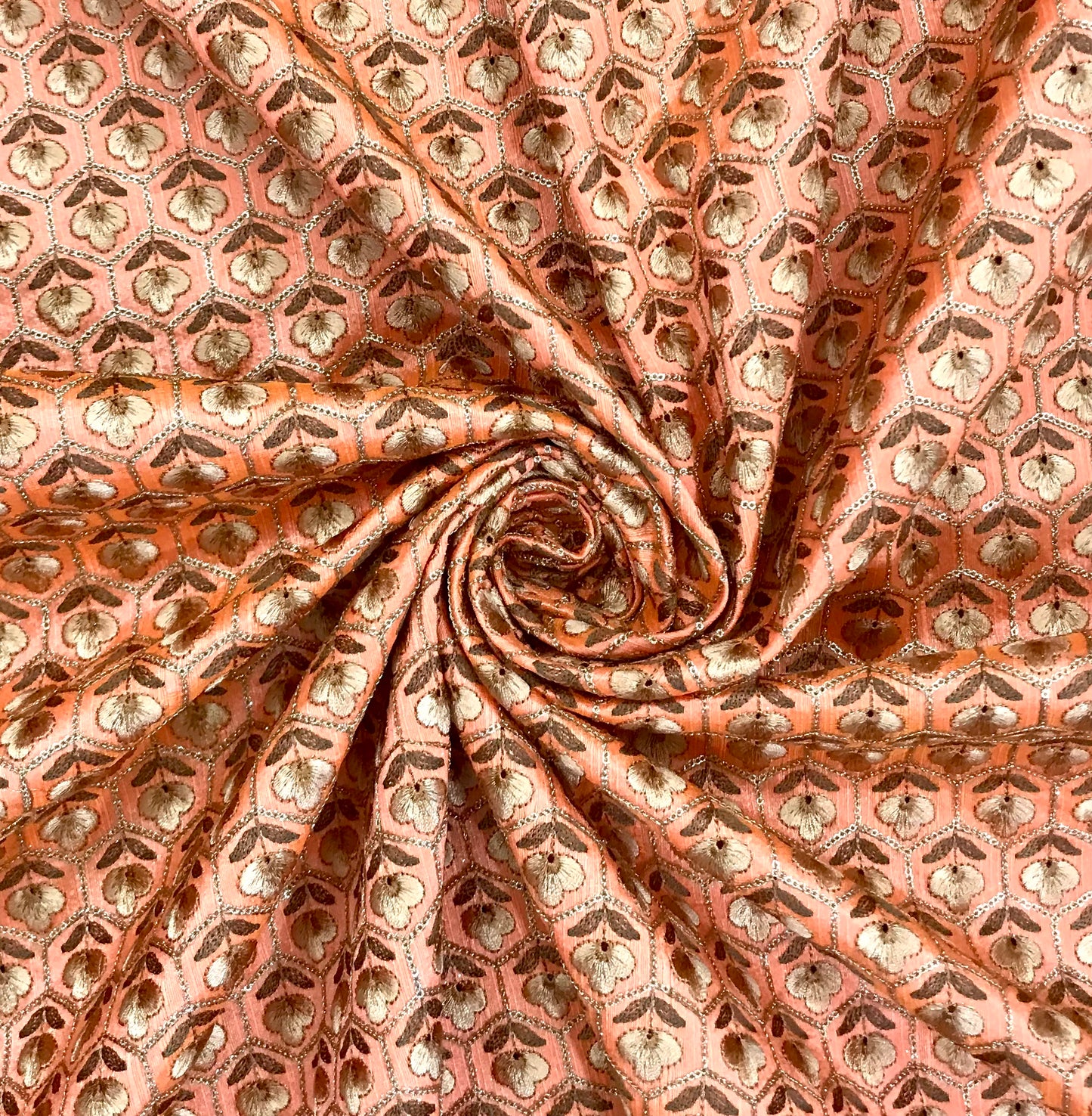 Indian Embroidered Fabric in Orange color, Multiple lengths will come in the continuous piece - NF826