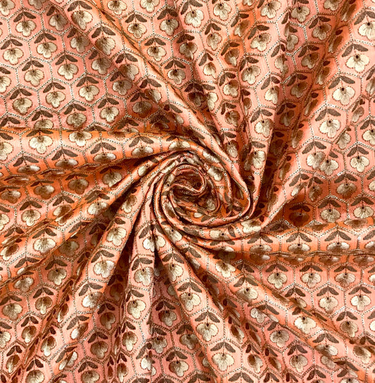 Indian Embroidered Fabric in Orange color, Multiple lengths will come in the continuous piece - NF826