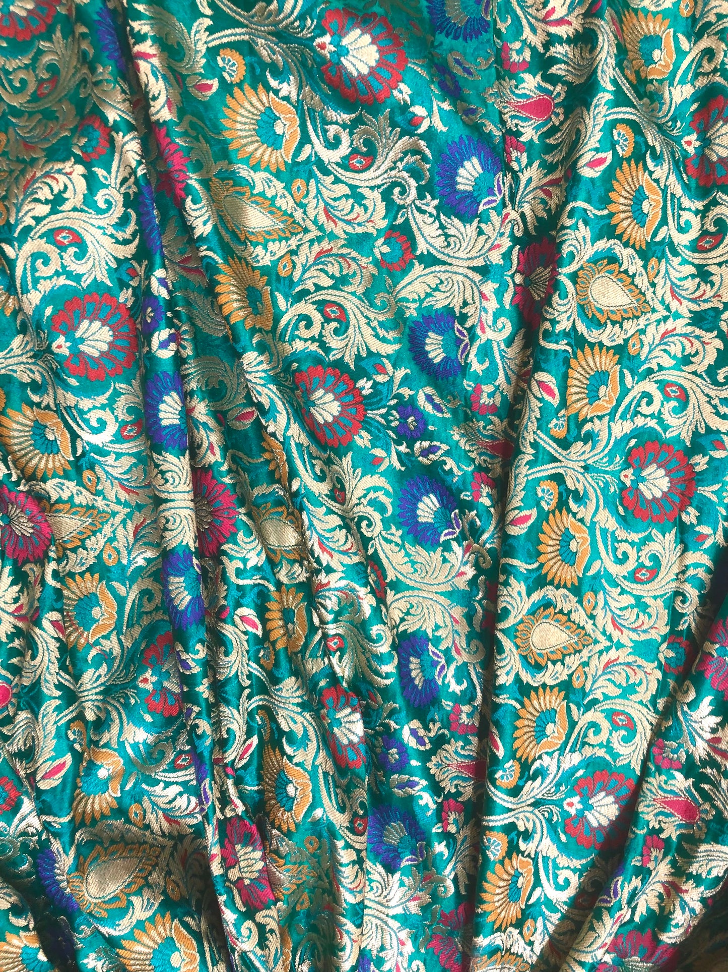 Indian Banarasi Brocade Fabric in Green and Gold color, Multiple lengths will come in the continuous Piece - NF599