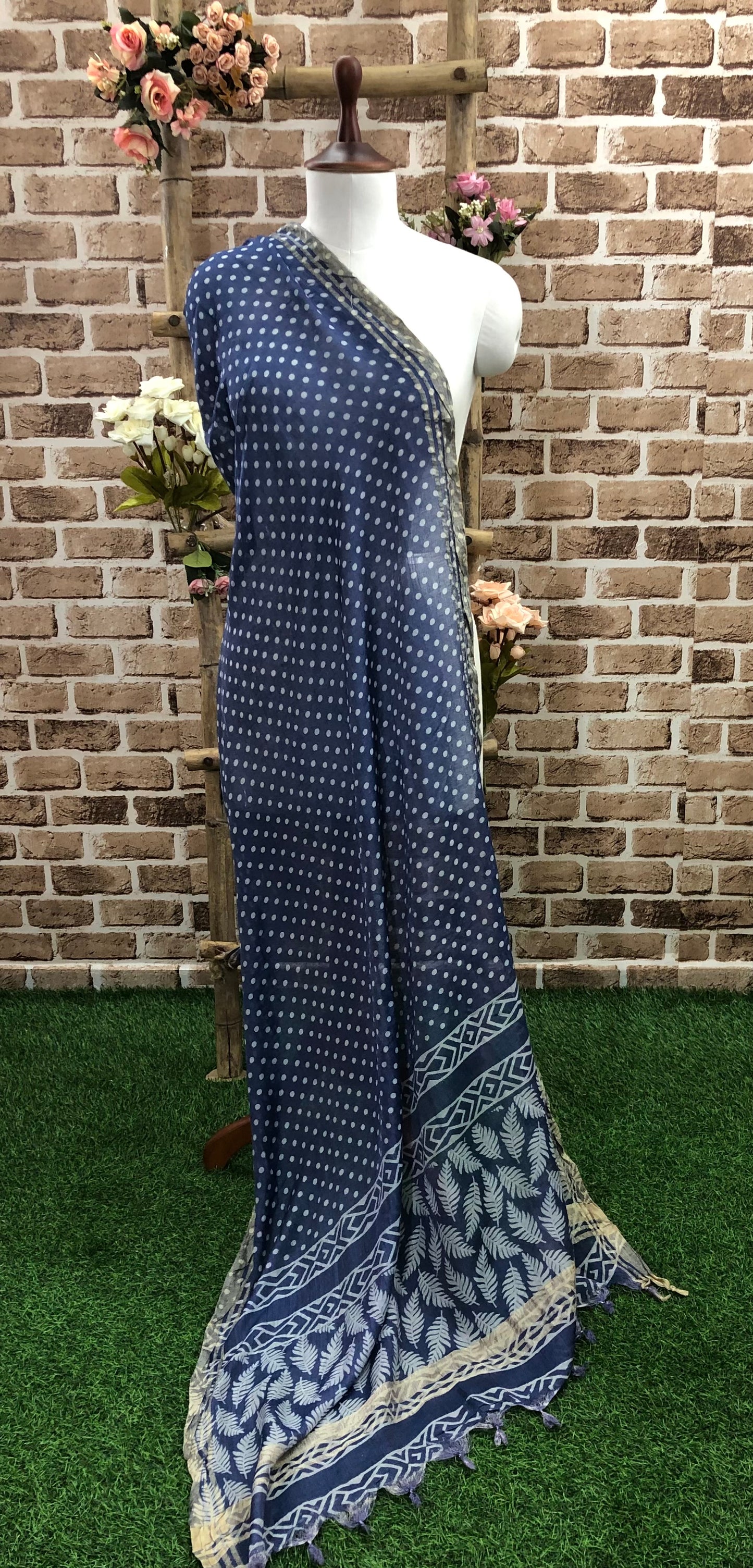 Handloom Cotton Scarf, indigo color scarf, Block printing, Vegetable Dyed Stole, Handmade Dupatta/Shawl, Indian Khadi Cotton DP109