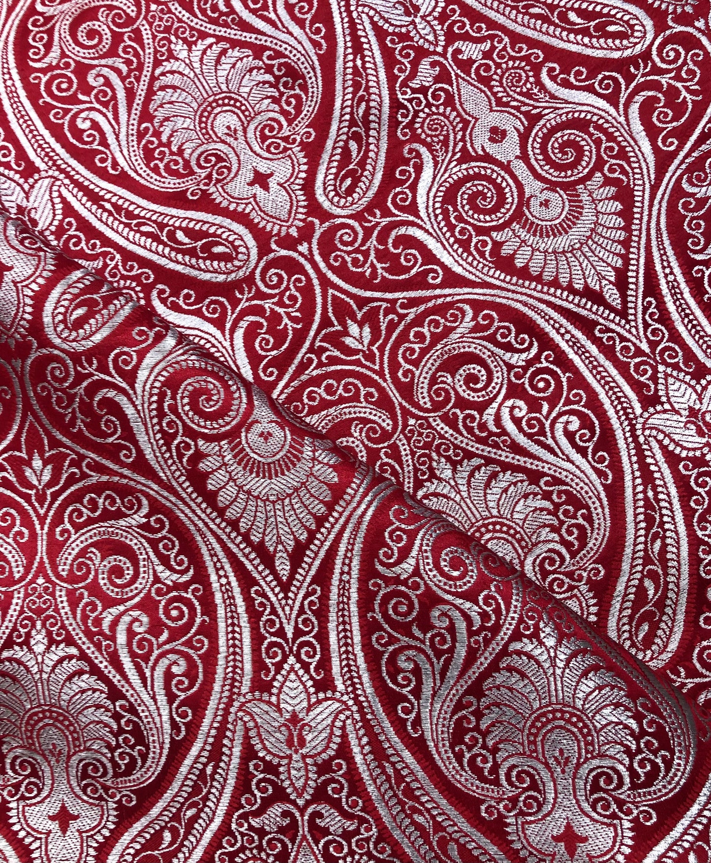 Indian Banarasi Brocade Fabric in Red and Silver color, Multiple lengths will come in the continuous piece - NF399