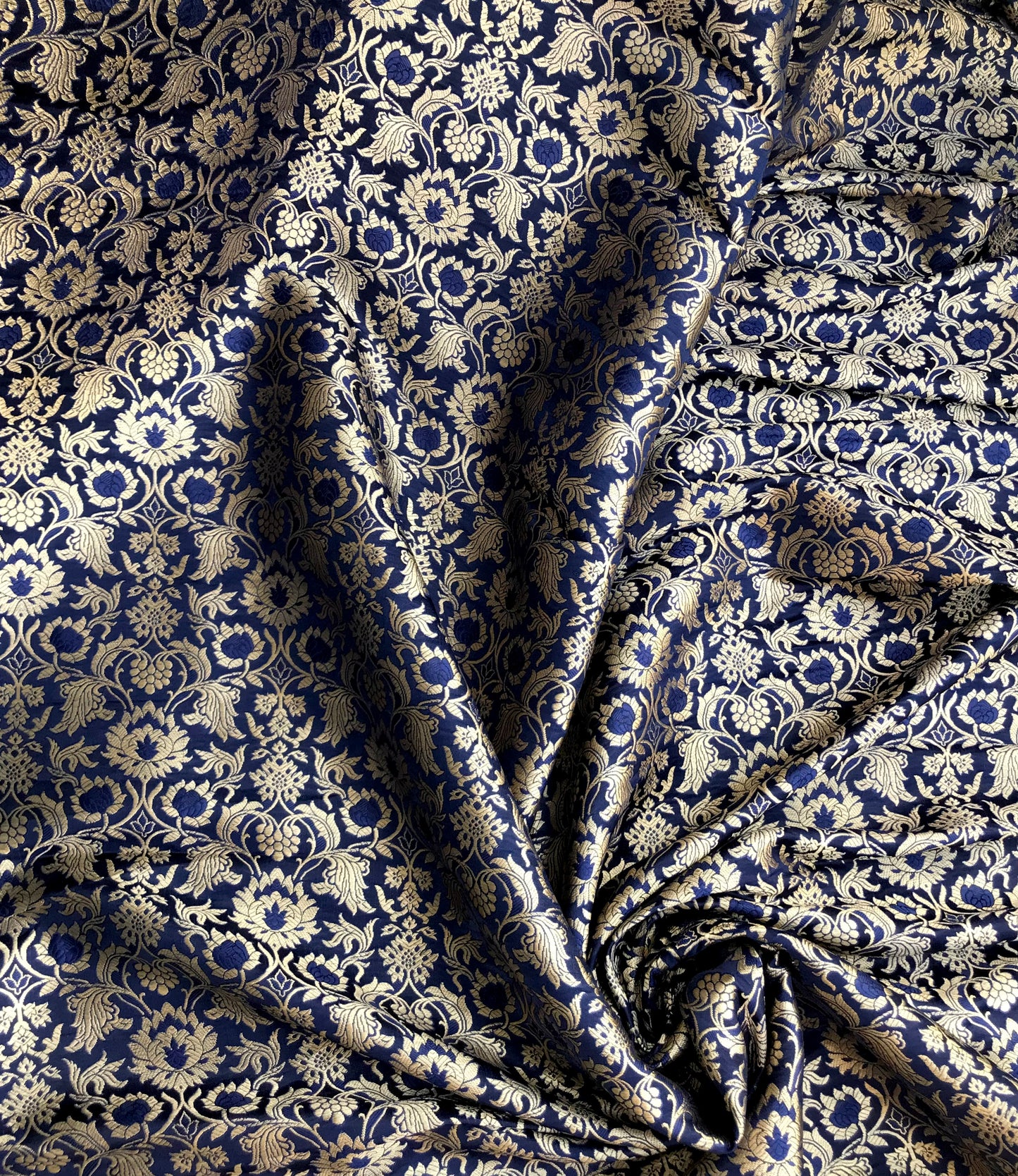 Indian Banarasi Brocade fabric in Navy Blue and Gold color, Multiple lengths will come in the continuous piece - NF635