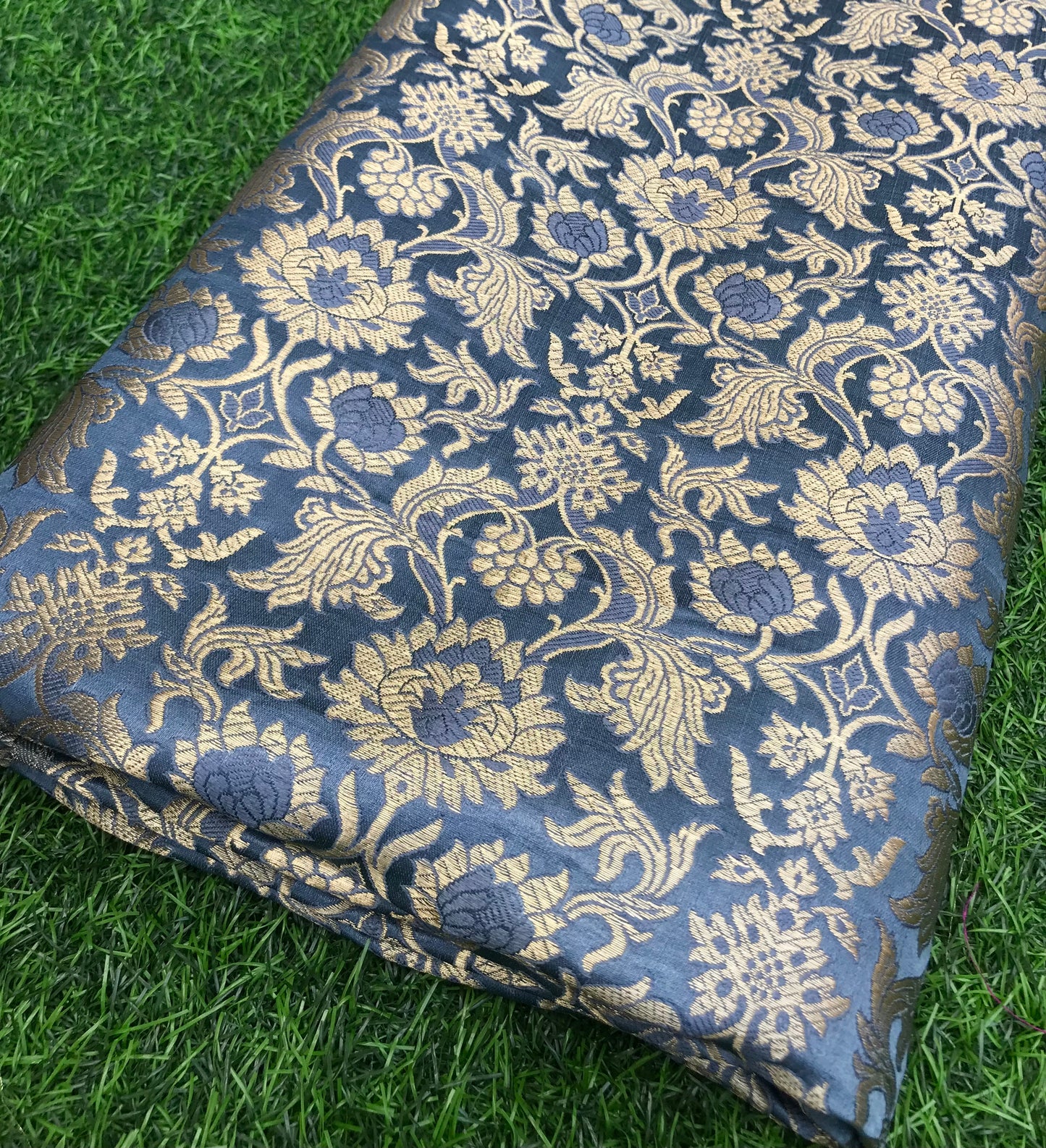 Indian Banarasi Brocade fabric in Gray and Gold color, Multiple lengths will come in the continuous piece - NF61