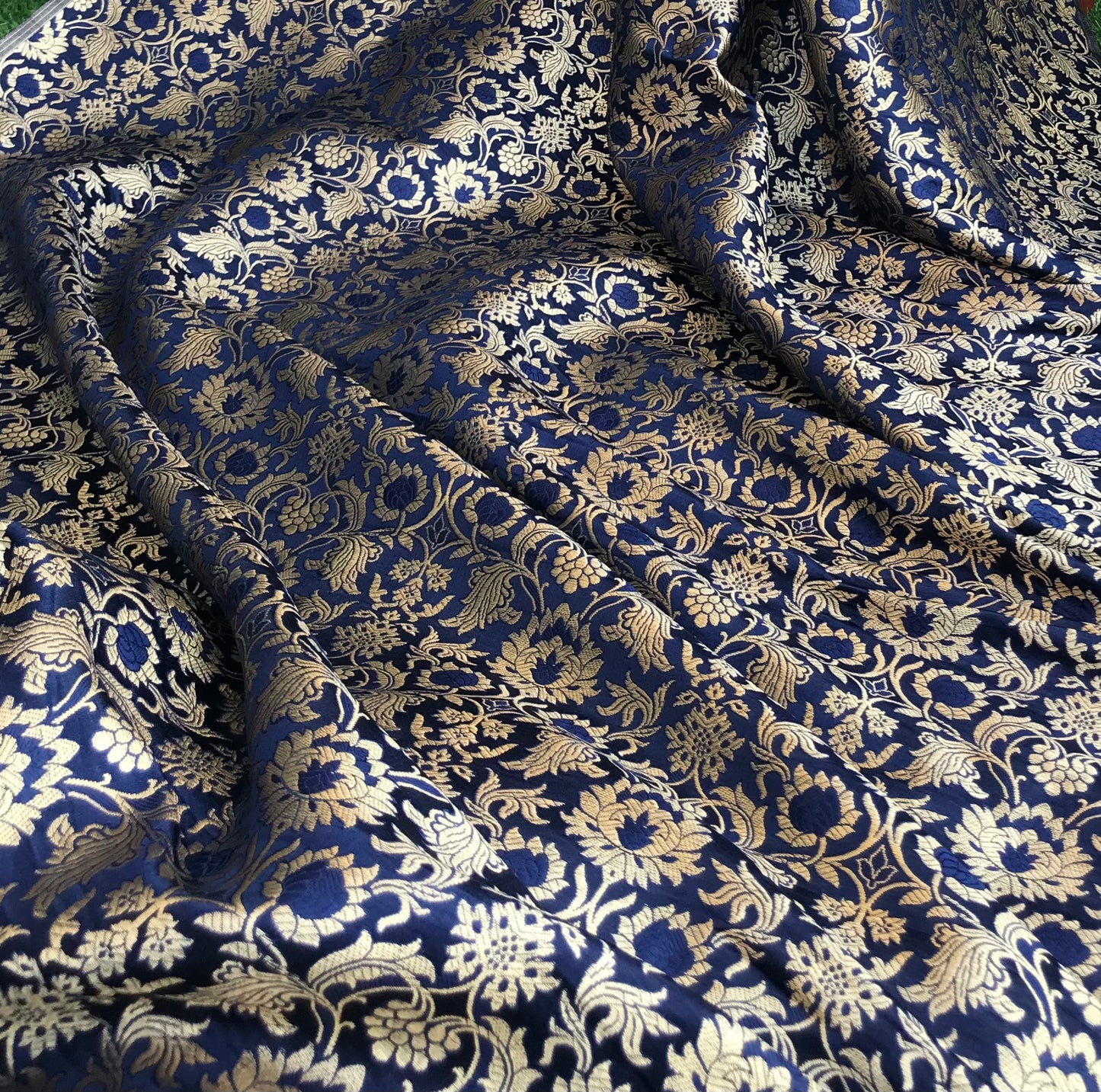 Indian Banarasi Brocade fabric in Navy Blue and Gold color, Multiple lengths will come in the continuous piece - NF635