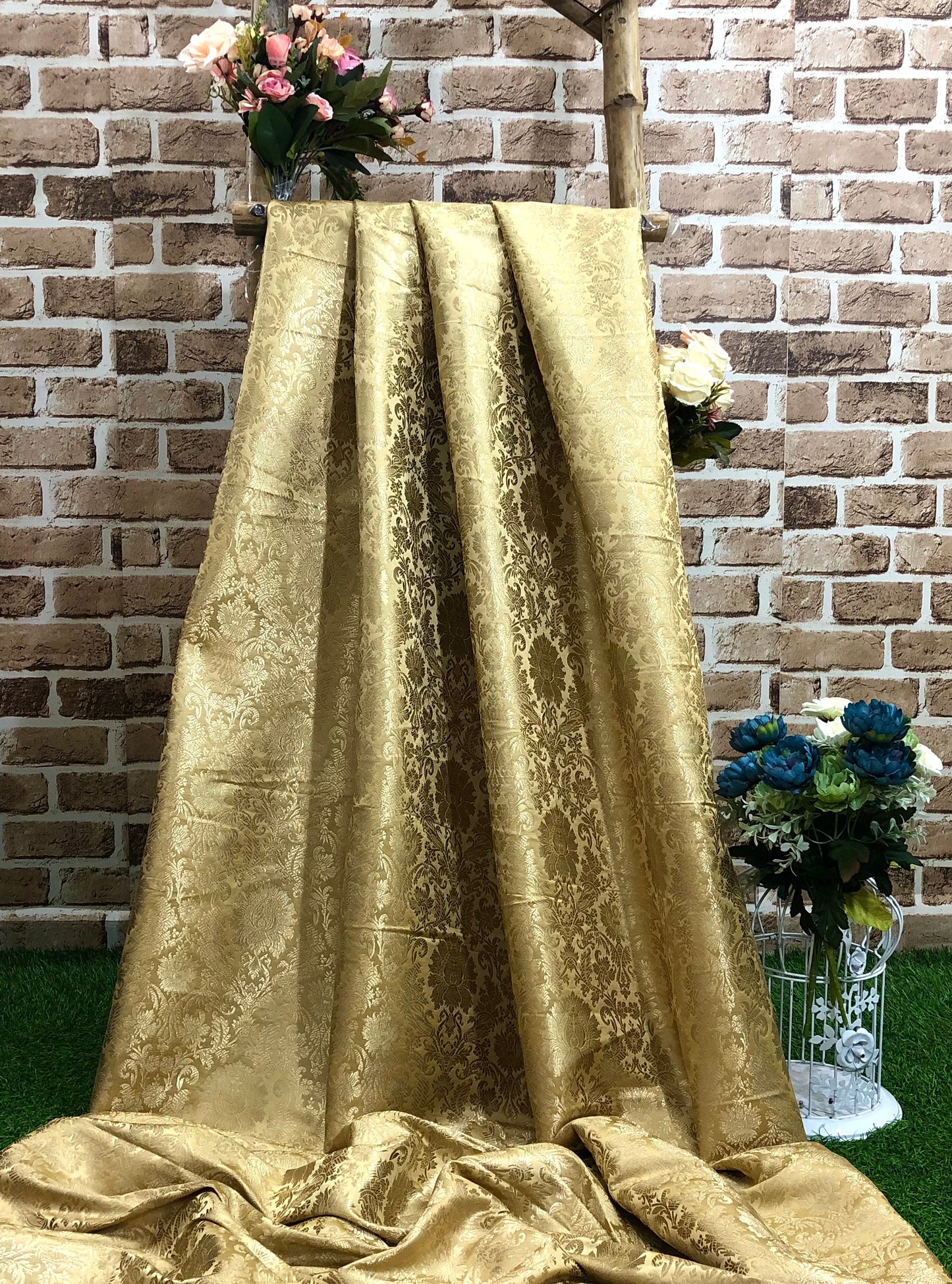 Indian Banarasi Brocade Fabric in Beige and Gold color, Multiple lengths will come in the continuous piece - NF881