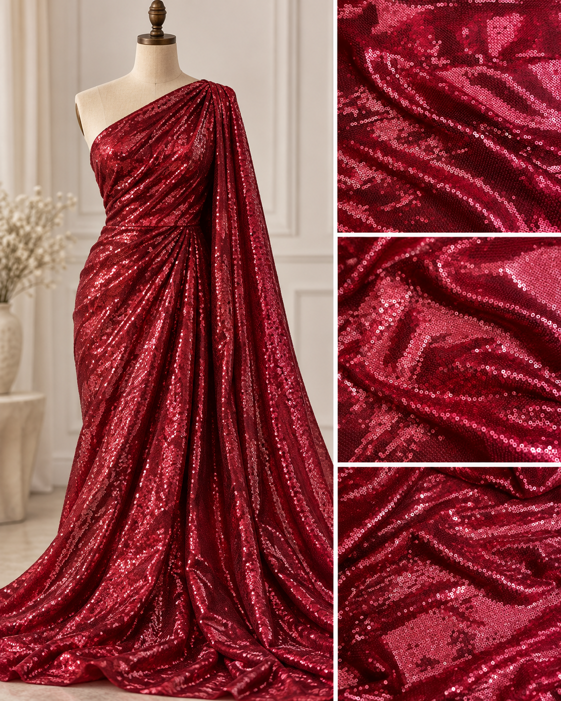 Red embroidered fabric, Georgette sequin fabric, Haute couture, Couture fashion, Fabric store, Royal fabric, Wedding dress, Bridesmaid dress - SQAF27