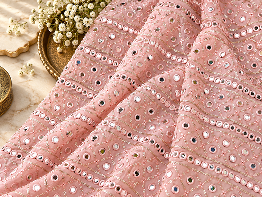 Peach embroidered fabric, Georgette foil mirror fabric, Wedding dress, Bridesmaid dress, Luxury fabric, Fashion fabric, Gold fabric - NFAF659