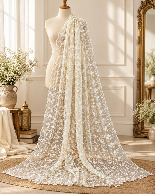 Off White Embroidered Stole/Dupatta, Sequins Net, Mesh, Tulle Embroidered Bridal Fabric, Saree Drape, Veil, Wedding Fabric DP1035