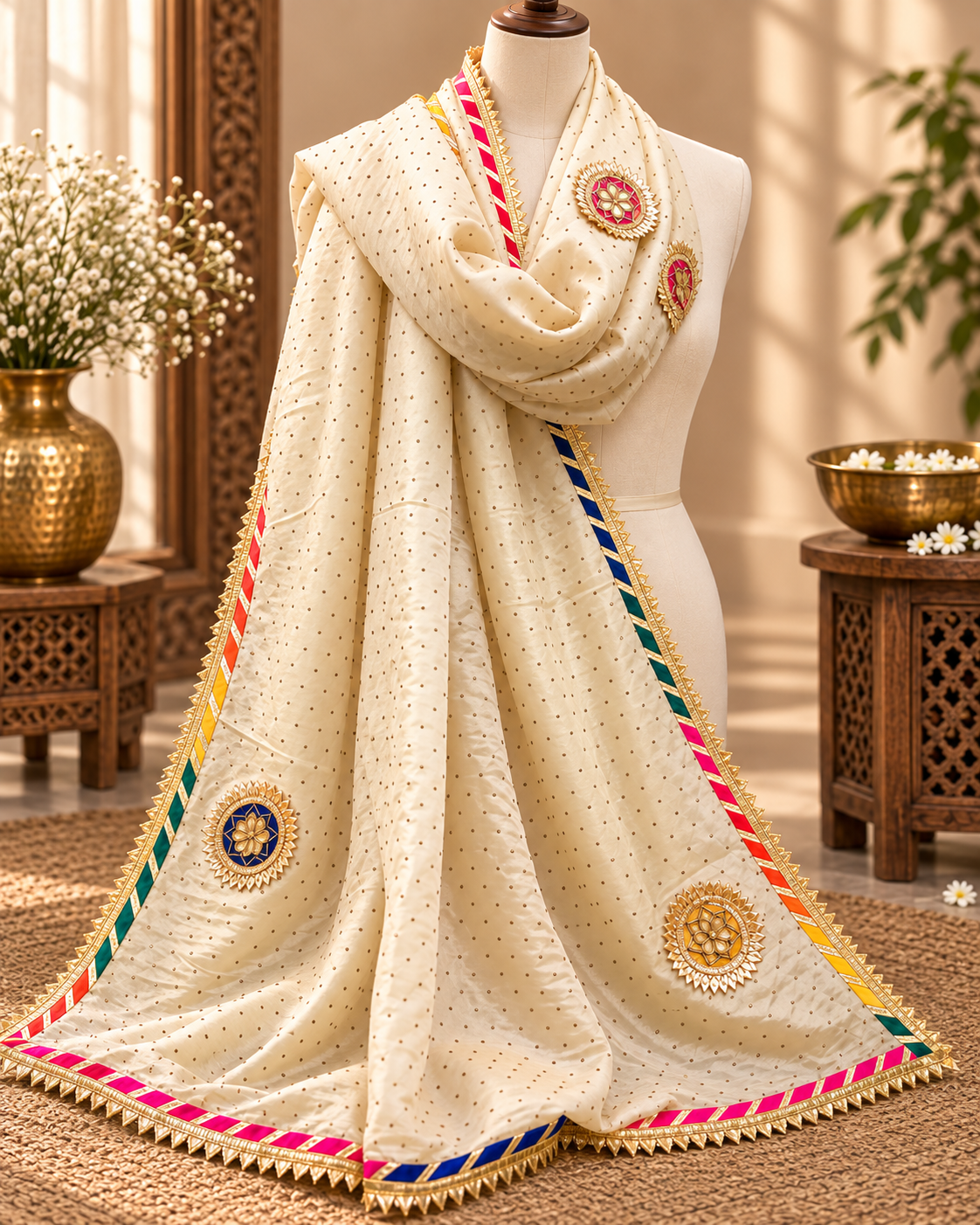 Ivory Tissue Embroidered Stole/dupatta, Wedding Dress Fabric, Abaya, Bridal Fabric, Saree Drape, Veil, Wedding Fabric DP1078