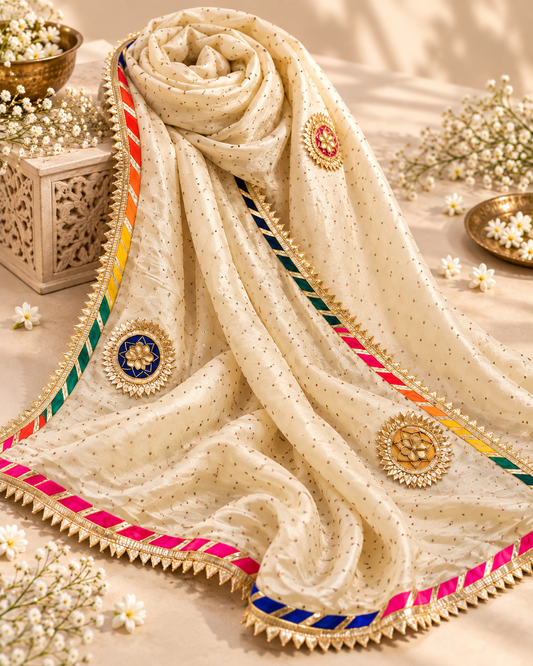 Ivory Tissue Embroidered Stole/dupatta, Wedding Dress Fabric, Abaya, Bridal Fabric, Saree Drape, Veil, Wedding Fabric DP1078