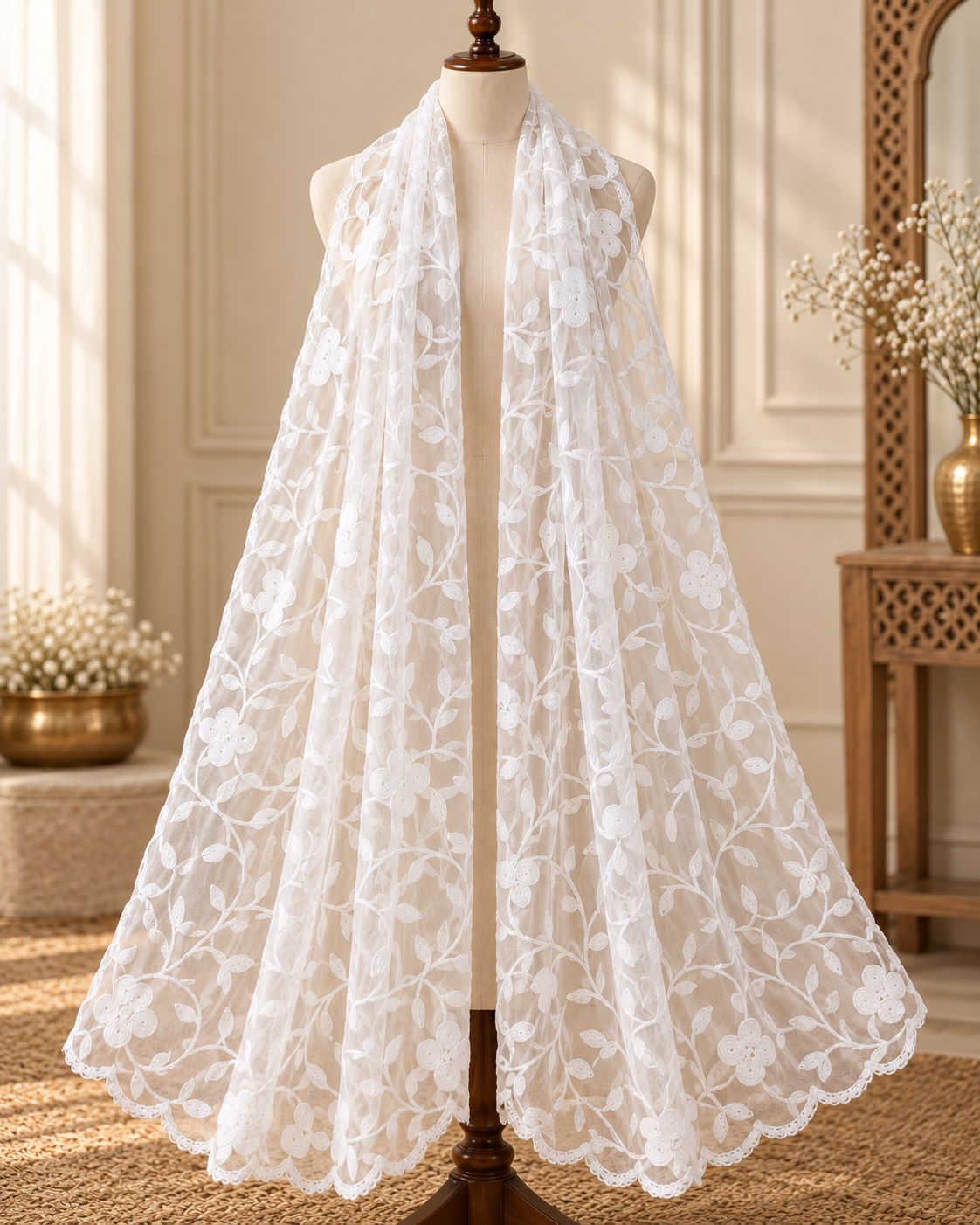 White Embroidered Stole/ dupatta, Tulle, Net Fabric, Embroidered Bridal Wedding Fabric, Saree Drape, Veil, Abaya, Mesh Fabric DP003