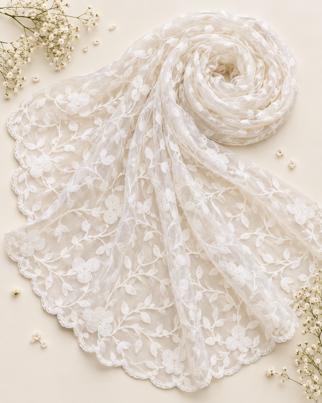 White Embroidered Stole/ dupatta, Tulle, Net Fabric, Embroidered Bridal Wedding Fabric, Saree Drape, Veil, Abaya, Mesh Fabric DP003