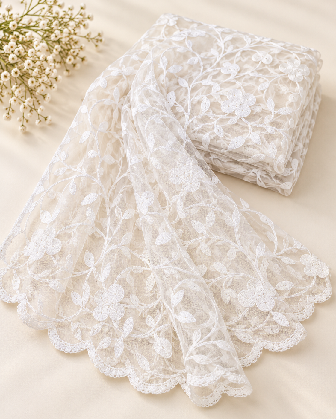 White Embroidered Stole/ dupatta, Tulle, Net Fabric, Embroidered Bridal Wedding Fabric, Saree Drape, Veil, Abaya, Mesh Fabric DP003