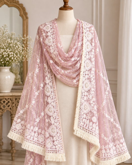 Soft Pink Net Dupatta With Thread and Sequins Embroidery, Tulle Fabric, Chikankari Embroidery, Bridal Dress, Veil, Wedding Fabric DP2004