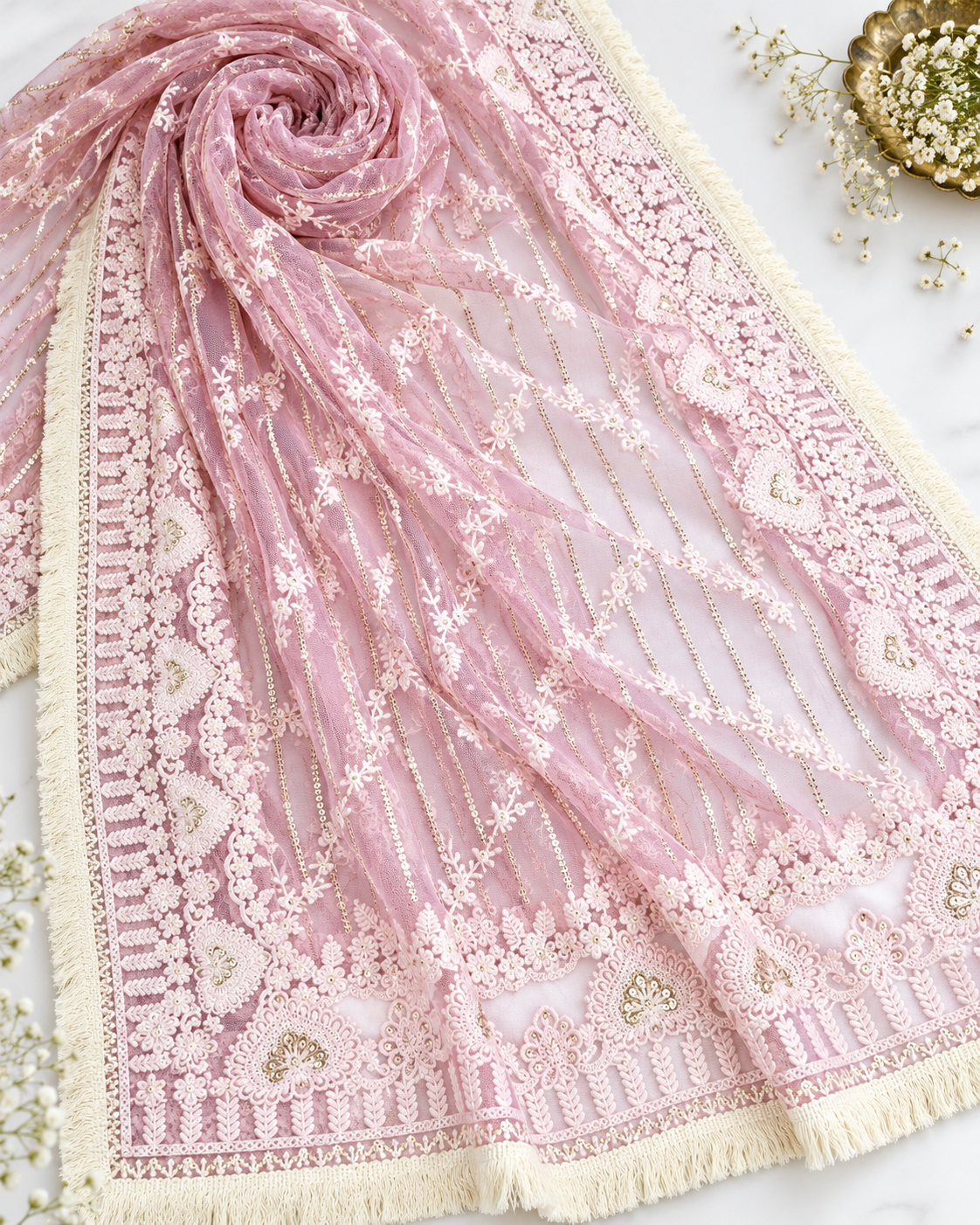 Soft Pink Net Dupatta With Thread and Sequins Embroidery, Tulle Fabric, Chikankari Embroidery, Bridal Dress, Veil, Wedding Fabric DP2004
