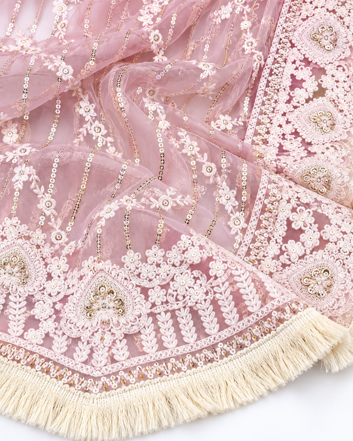 Soft Pink Net Dupatta With Thread and Sequins Embroidery, Tulle Fabric, Chikankari Embroidery, Bridal Dress, Veil, Wedding Fabric DP2004