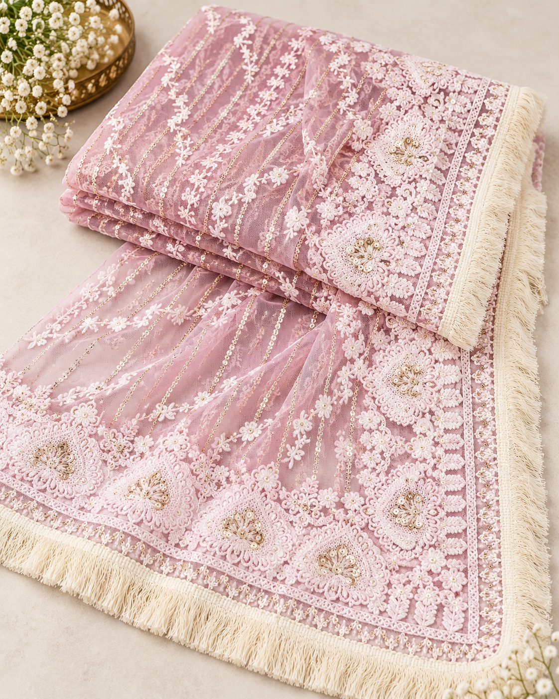 Soft Pink Net Dupatta With Thread and Sequins Embroidery, Tulle Fabric, Chikankari Embroidery, Bridal Dress, Veil, Wedding Fabric DP2004