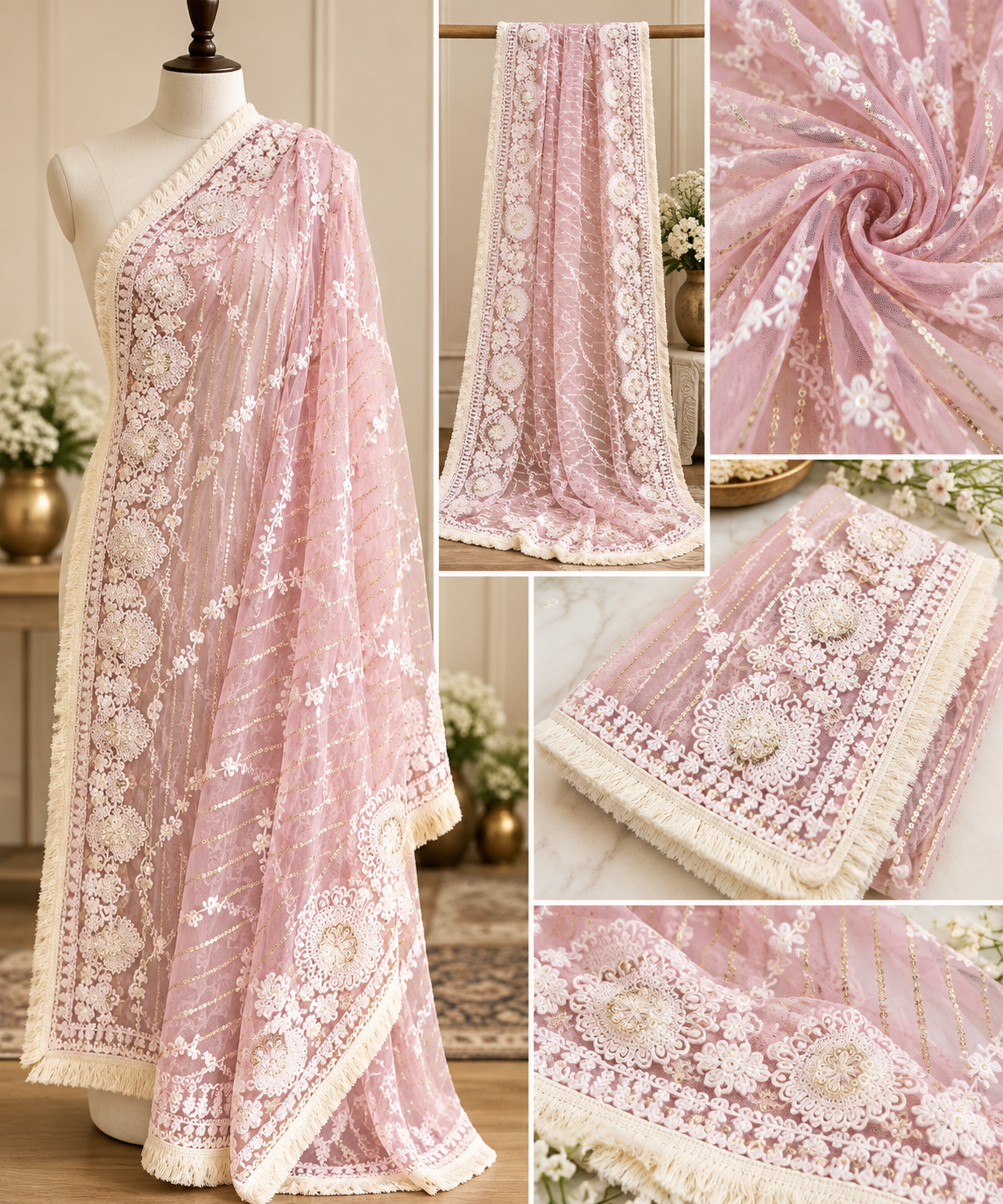 Soft Pink Net Dupatta With Thread and Sequins Embroidery, Tulle Fabric, Chikankari Embroidery, Bridal Dress, Veil, Wedding Fabric DP2004