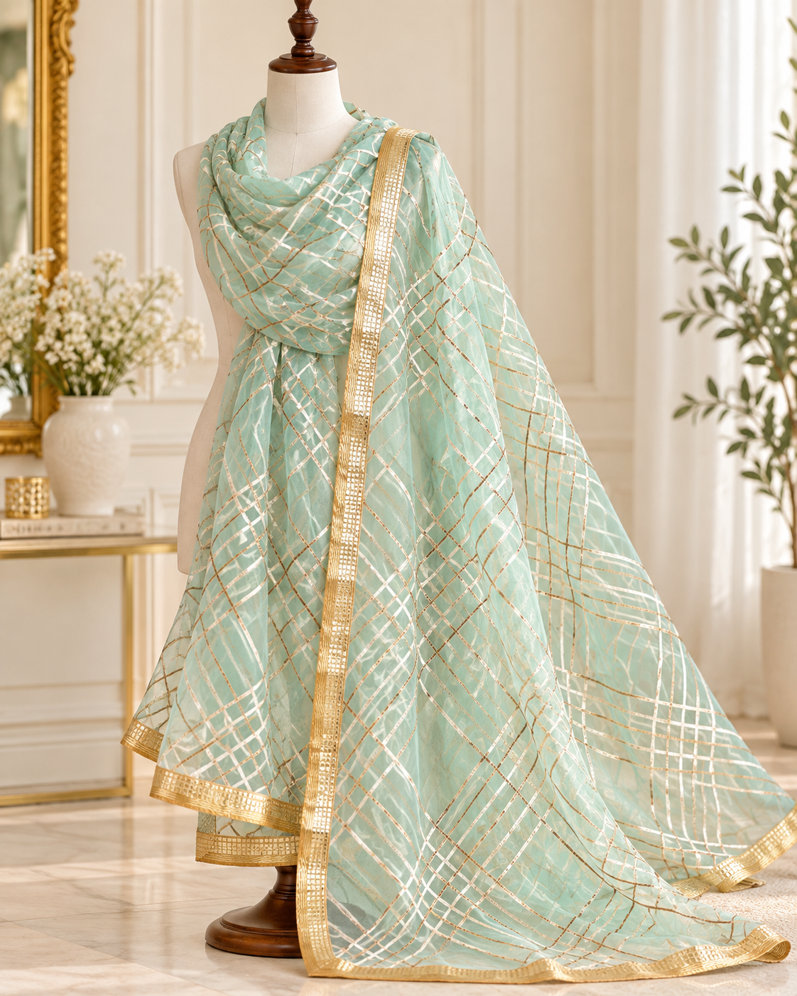 Sea Green Net Dupatta with Gold Lace embroidery, Indian stole for women, Tulle fabric, Scarf, Shawl, Wedding Bridal Veil  DP013
