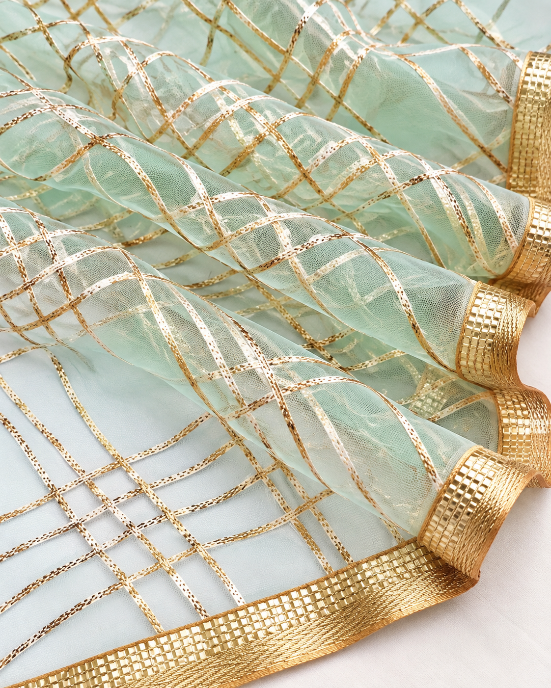 Sea Green Net Dupatta with Gold Lace embroidery, Indian stole for women, Tulle fabric, Scarf, Shawl, Wedding Bridal Veil  DP013