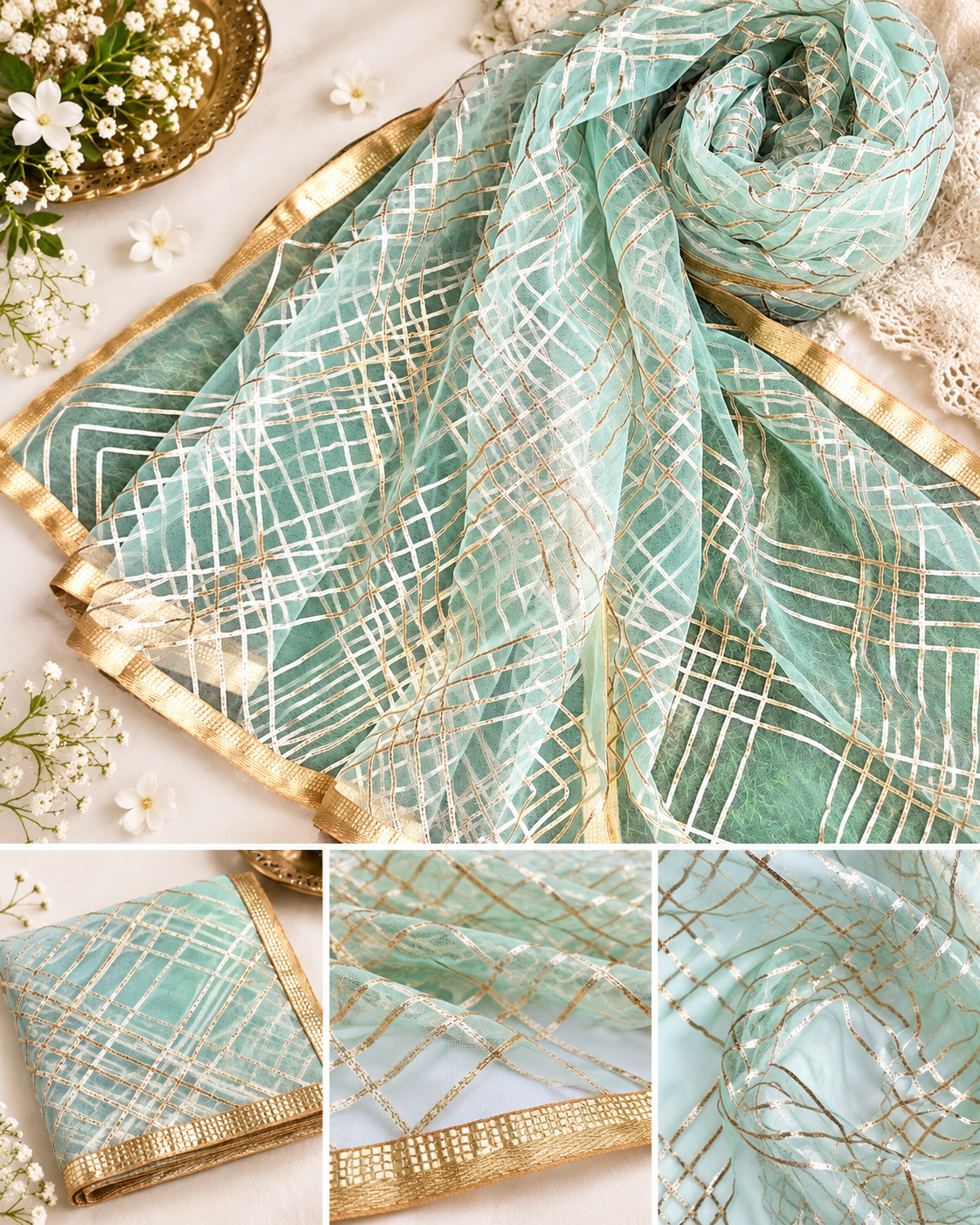 Sea Green Net Dupatta with Gold Lace embroidery, Indian stole for women, Tulle fabric, Scarf, Shawl, Wedding Bridal Veil  DP013