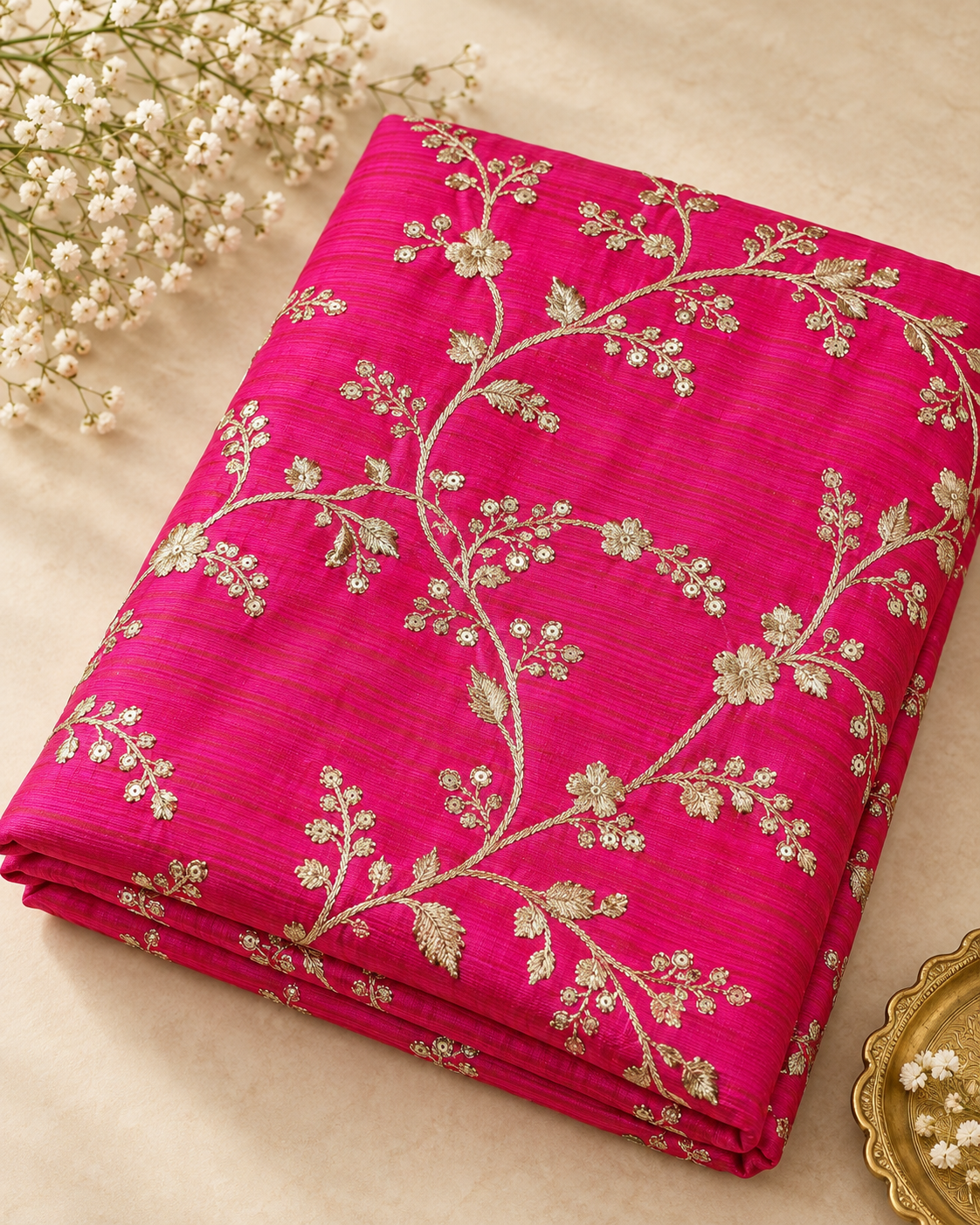 Embroidered fabric Hot Pink Gold Embroidery dress Fabric Bridal Dress Luxury Wedding Veil Indian Lehenga fabric upholstrey fabric by the yard NFAF01