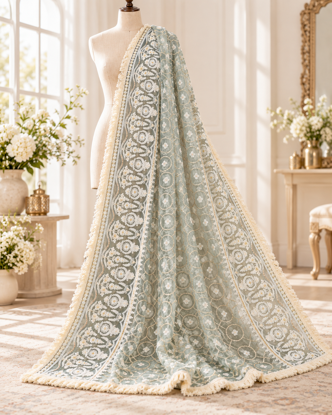 Ice Blue Embroidered Net dupatta with Chikankari Embroidery, Tulle Fabric, Stole, Shawl, Scarf for women, Bridal Veil DP1048