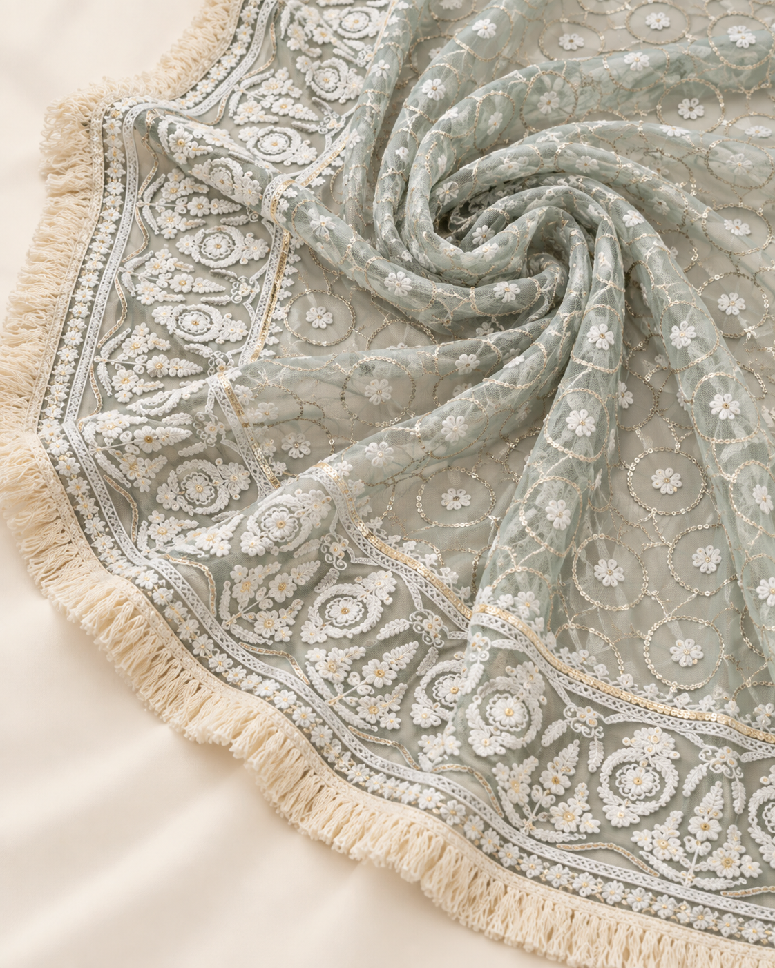 Ice Blue Embroidered Net dupatta with Chikankari Embroidery, Tulle Fabric, Stole, Shawl, Scarf for women, Bridal Veil DP1048