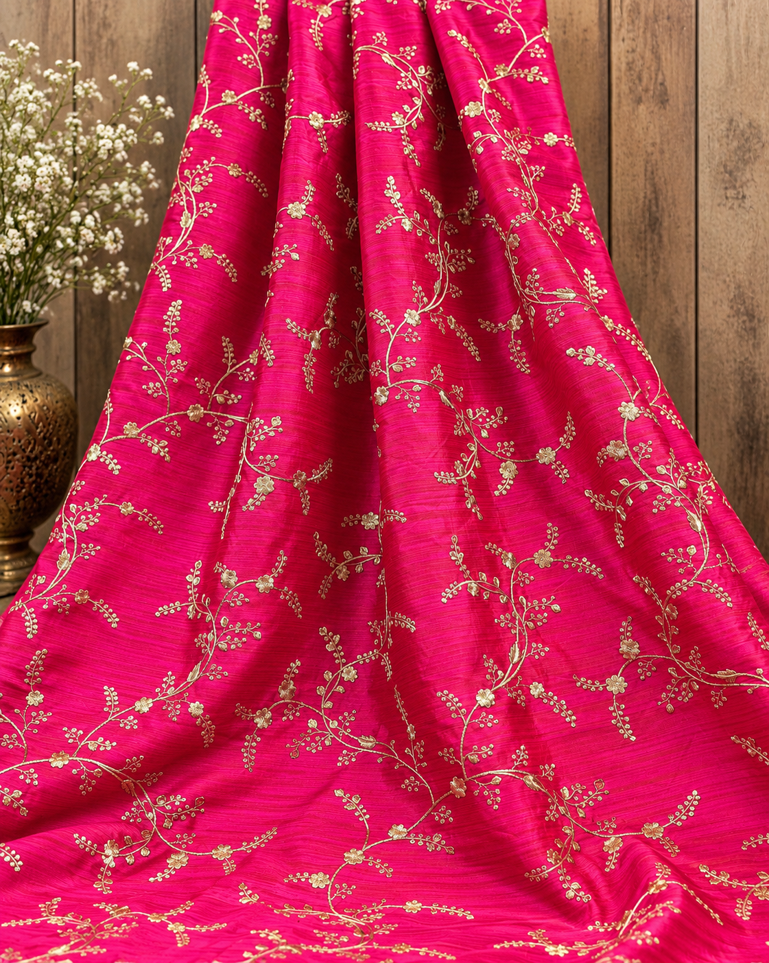 Embroidered fabric Hot Pink Gold Embroidery dress Fabric Bridal Dress Luxury Wedding Veil Indian Lehenga fabric upholstrey fabric by the yard NFAF01