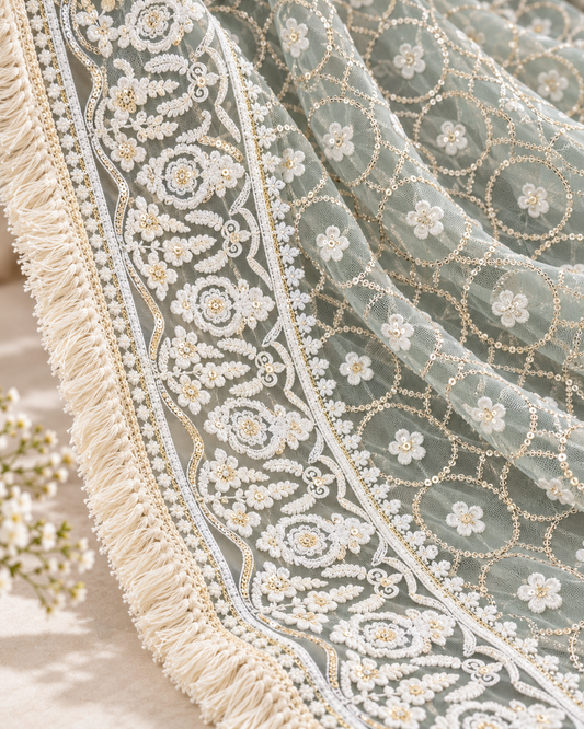 Ice Blue Embroidered Net dupatta with Chikankari Embroidery, Tulle Fabric, Stole, Shawl, Scarf for women, Bridal Veil DP1048