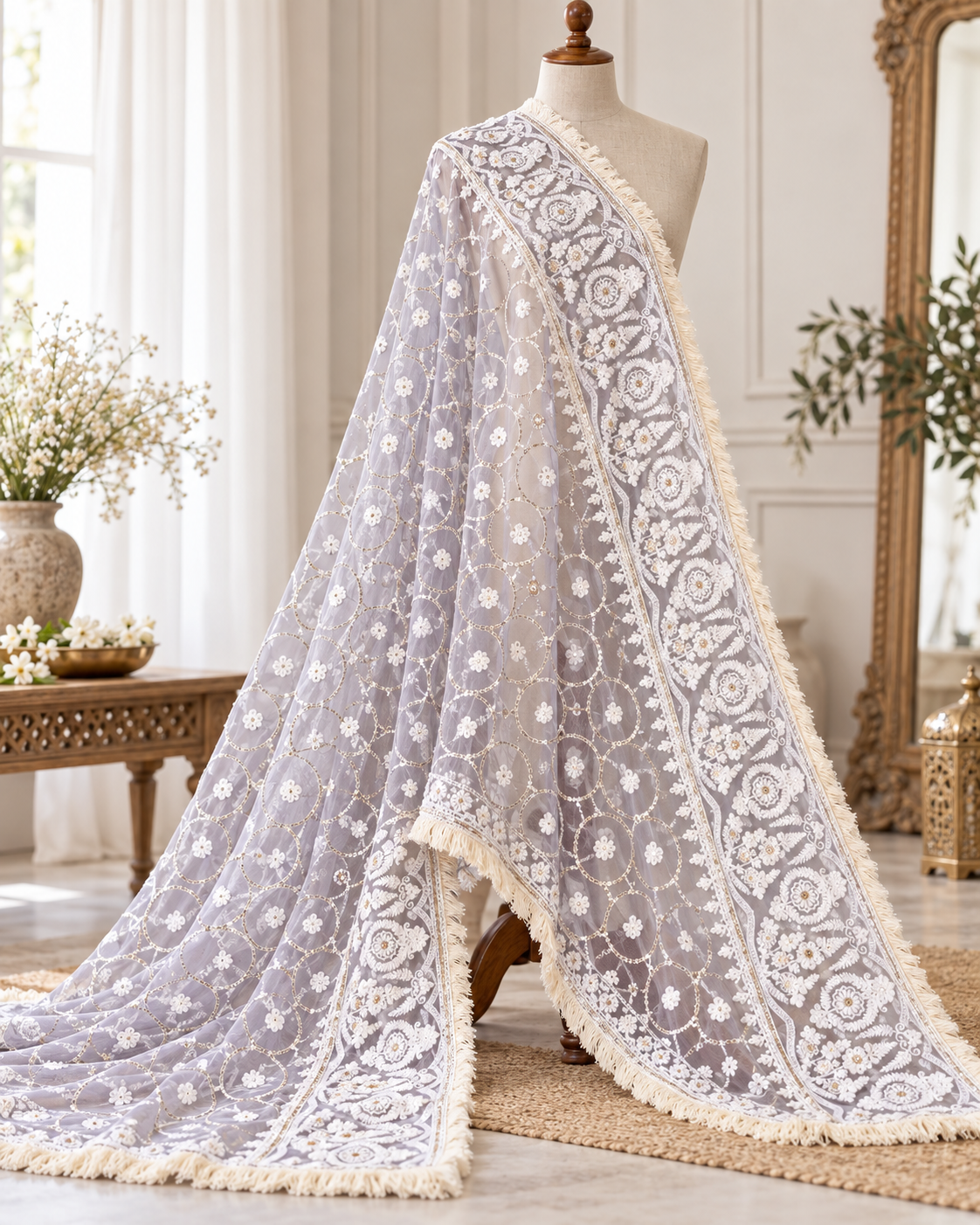 Soft Gray Embroidered Net dupatta with Chikankari Embroidery, Tulle Fabric, Stole, Shawl, Scarf for women, Bridal Veil  DP2001