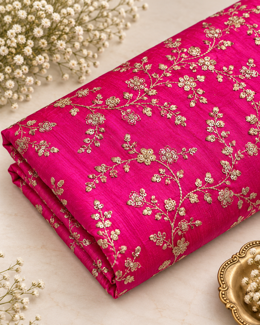 Pink and gold embroidered fabric, Wedding dress, Gold flower, Indian fabric, Thread embroidery, Royal fabric, Handmade, Luxury fabric - NFAF474