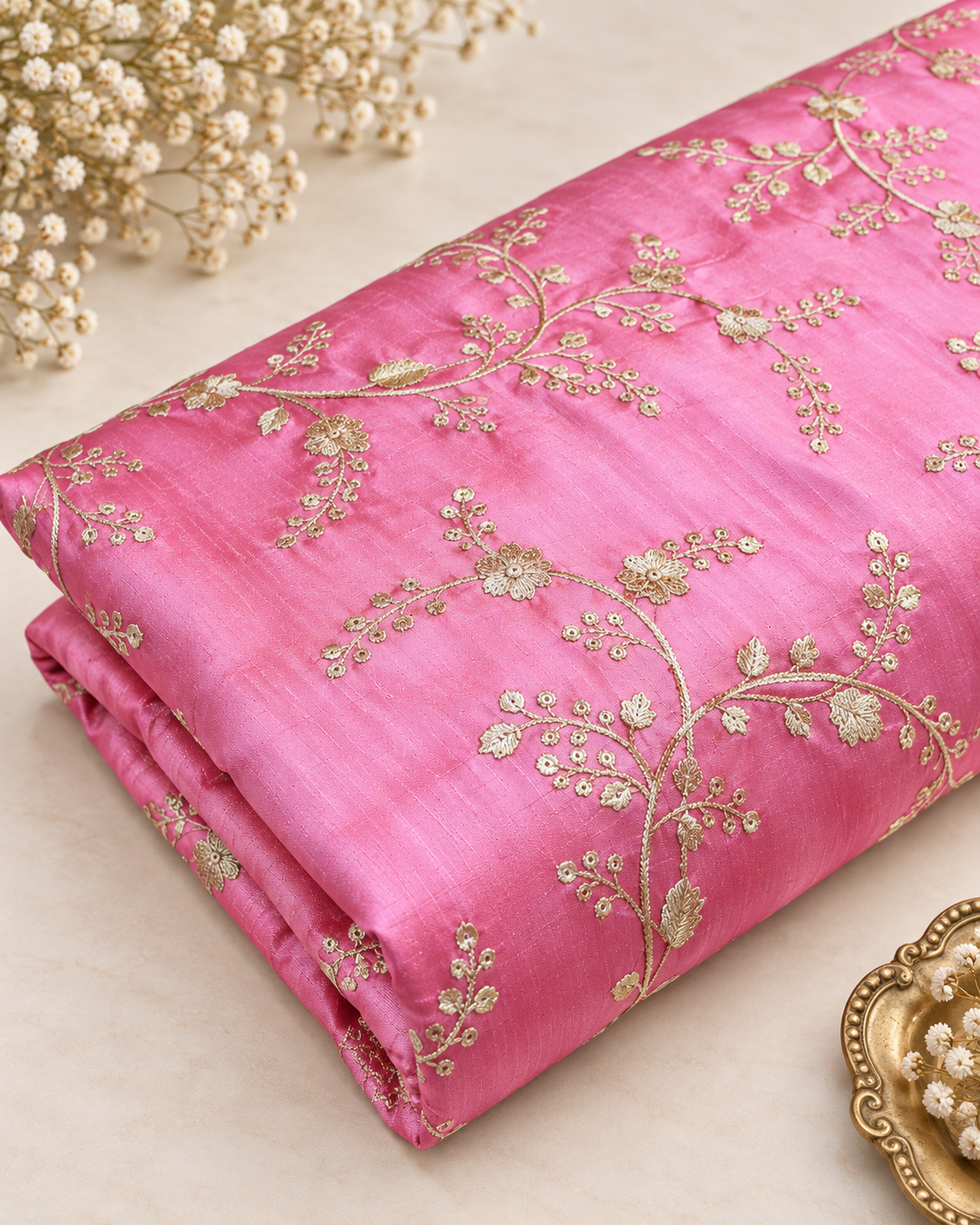Pink and gold embroidered fabric, Wedding dress, Bridesmaid dress, Indian fabric, Luxury fabric, Haute couture, Fashion fabric - NFAF550