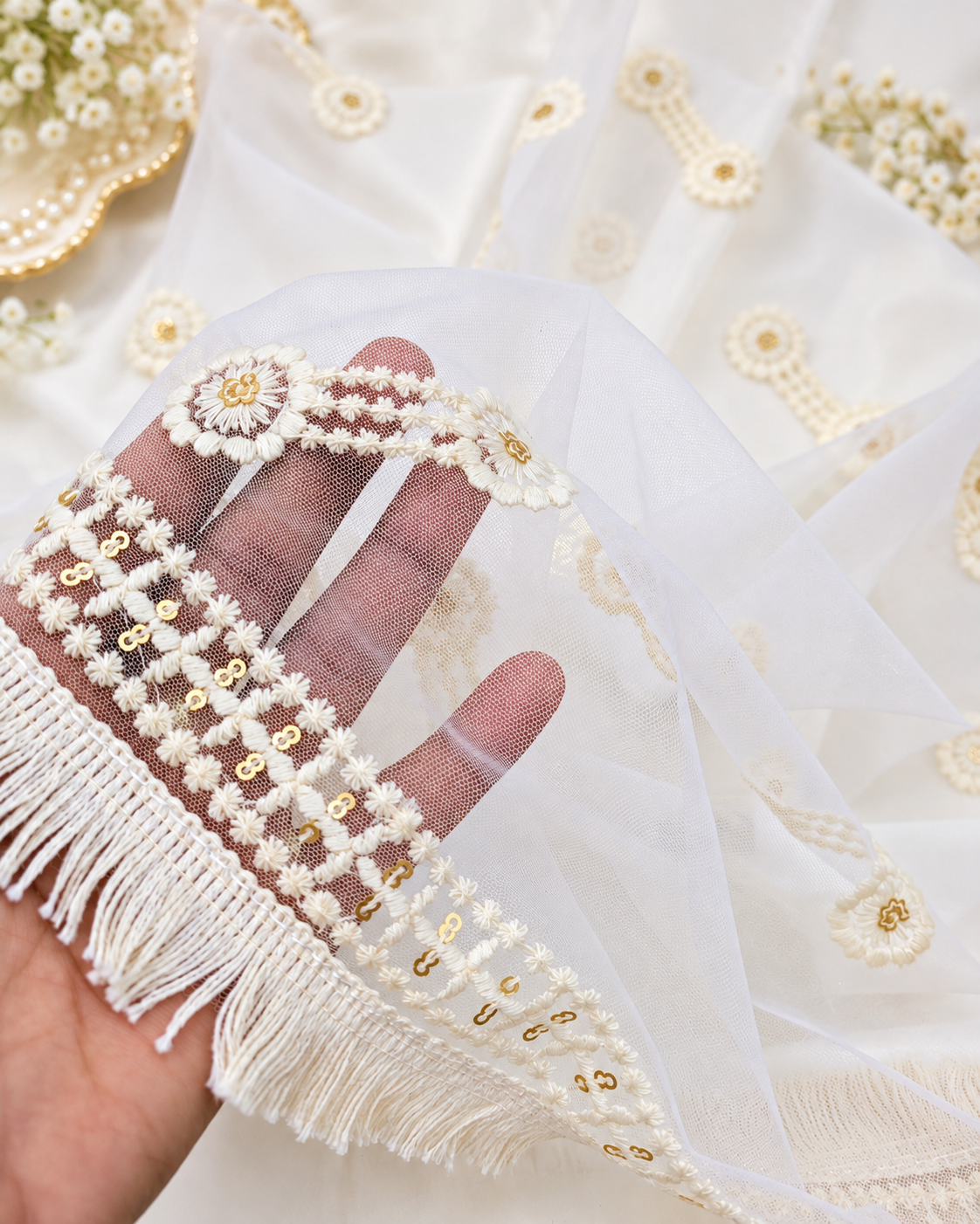 Off White Embroidered Stole/ dupatta, Sequins Net, Tulle Mesh Fabric, Embroidered Fabric, Bridal Fabric, Wedding Dupatta DP39