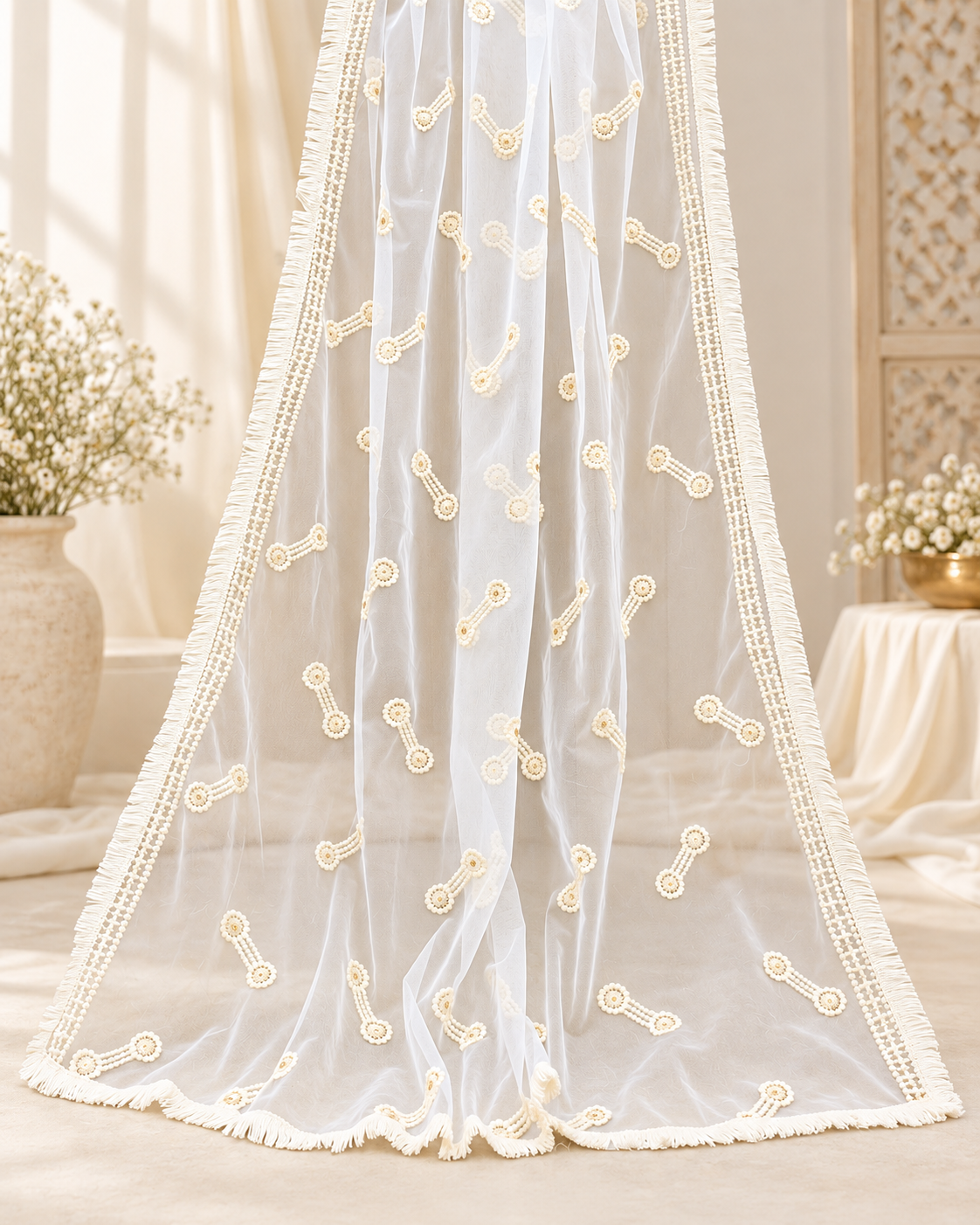 Off White Embroidered Stole/ dupatta, Sequins Net, Tulle Mesh Fabric, Embroidered Fabric, Bridal Fabric, Wedding Dupatta DP39