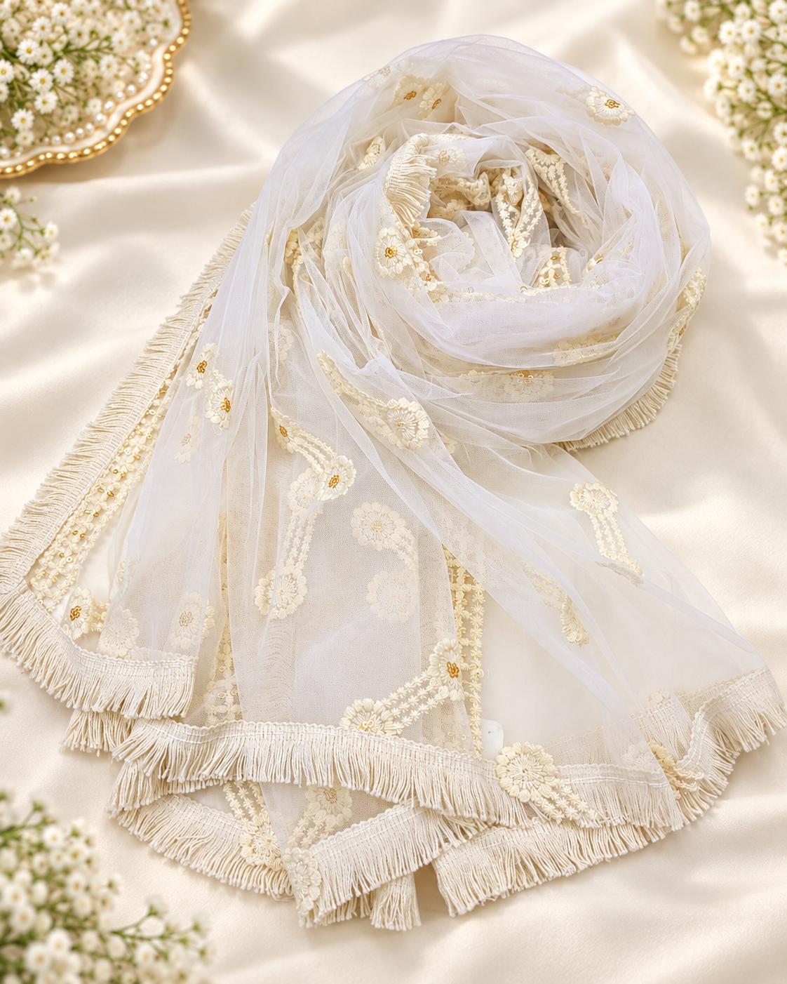 Off White Embroidered Stole/ dupatta, Sequins Net, Tulle Mesh Fabric, Embroidered Fabric, Bridal Fabric, Wedding Dupatta DP39