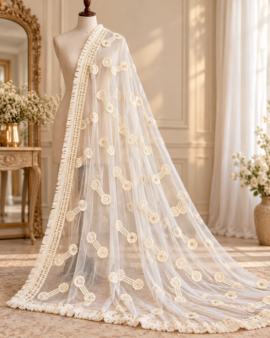Off White Embroidered Stole/ dupatta, Sequins Net, Tulle Mesh Fabric, Embroidered Fabric, Bridal Fabric, Wedding Dupatta DP39