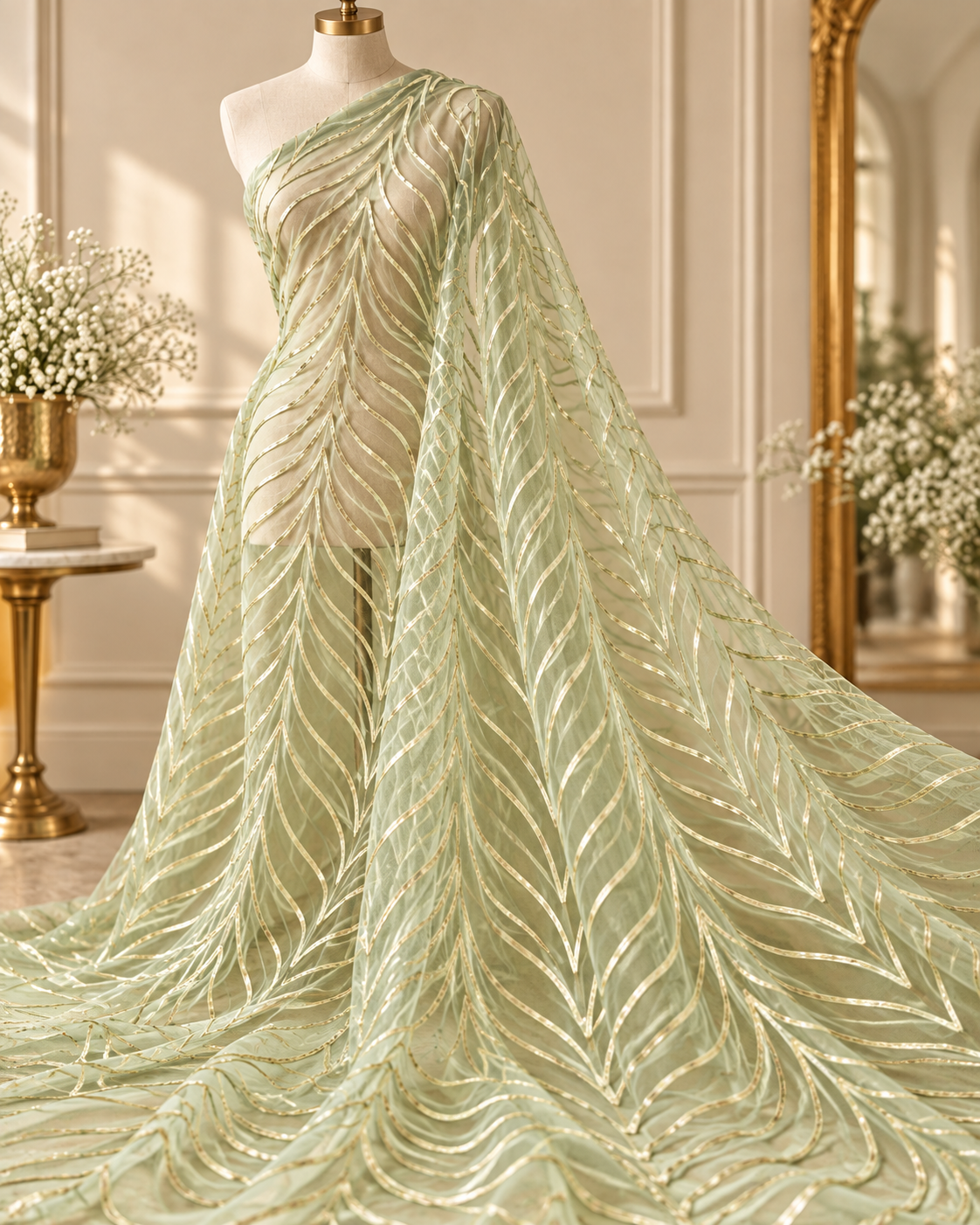 Lime Gota patti embroidered fabric, Wedding dress fabric, Net tulle fabric, Royal fabric, Gold fabric, Indian fabric - NFAF1029