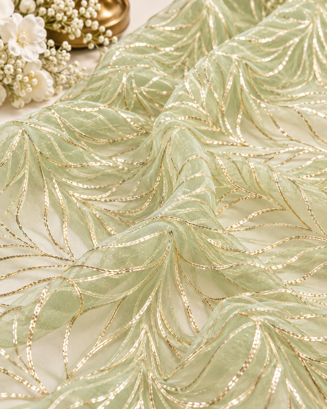 Lime Gota patti embroidered fabric, Wedding dress fabric, Net tulle fabric, Royal fabric, Gold fabric, Indian fabric - NFAF1029