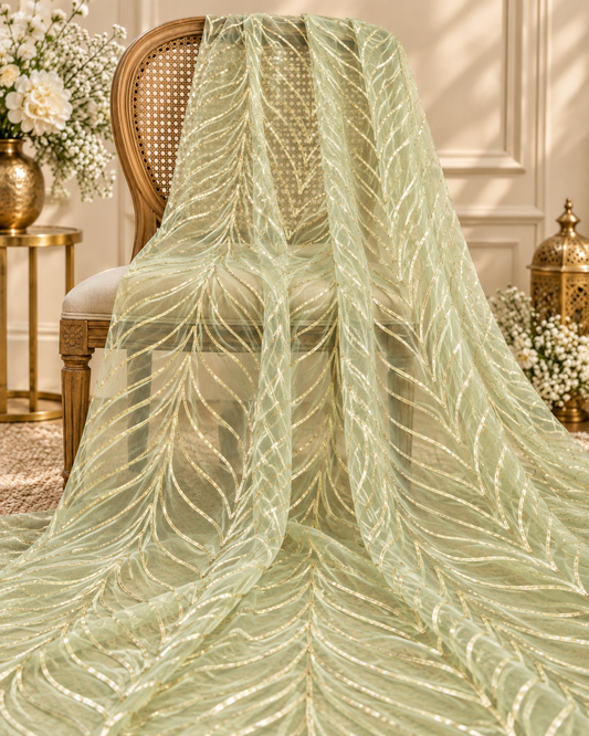 Lime Gota patti embroidered fabric, Wedding dress fabric, Net tulle fabric, Royal fabric, Gold fabric, Indian fabric - NFAF1029